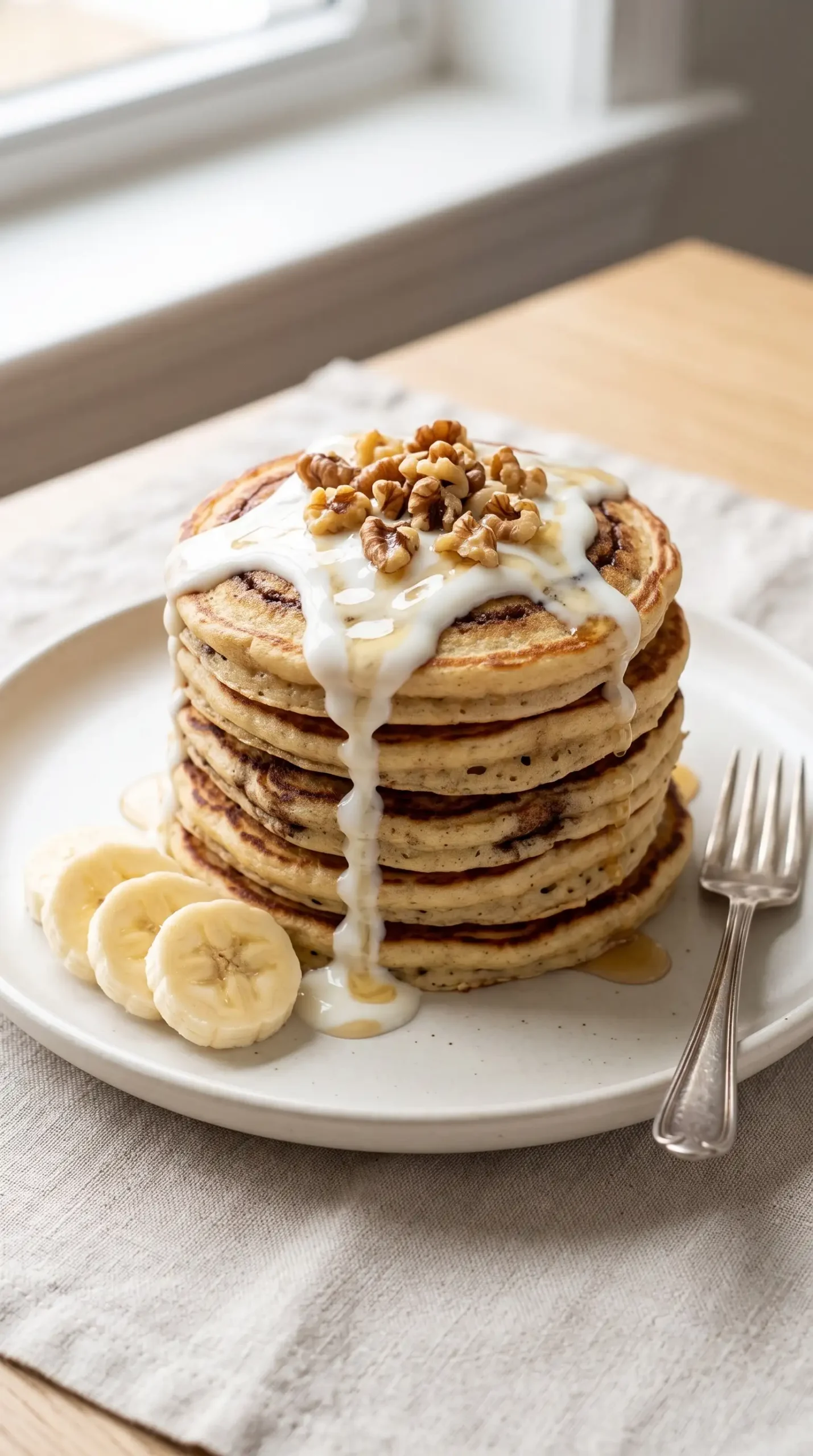 Stack of cinnamon roll pancakes with Greek yogurt drizzle and walnut topping