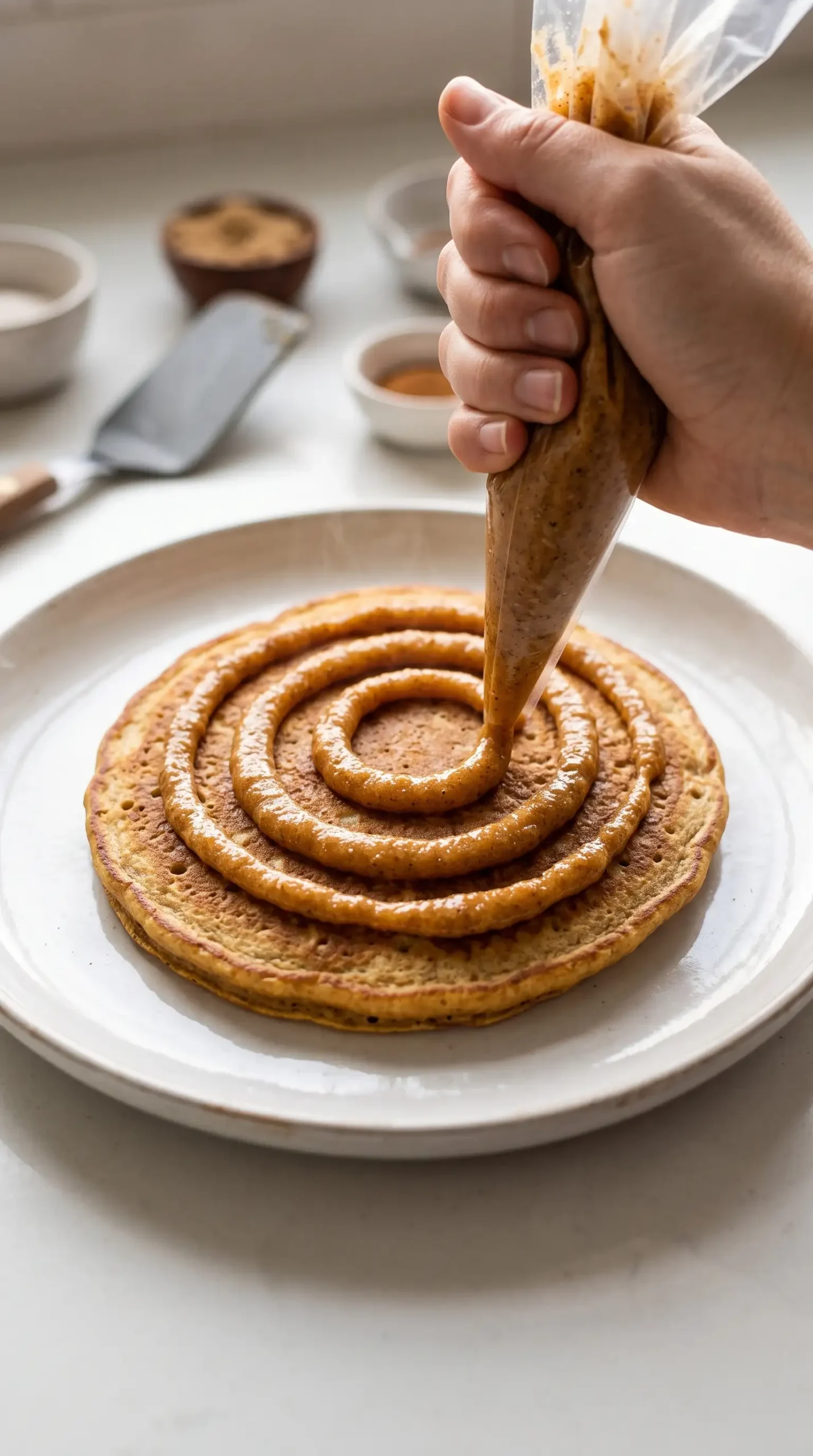 Cinnamon filling piped into a spiral pattern on a pancake