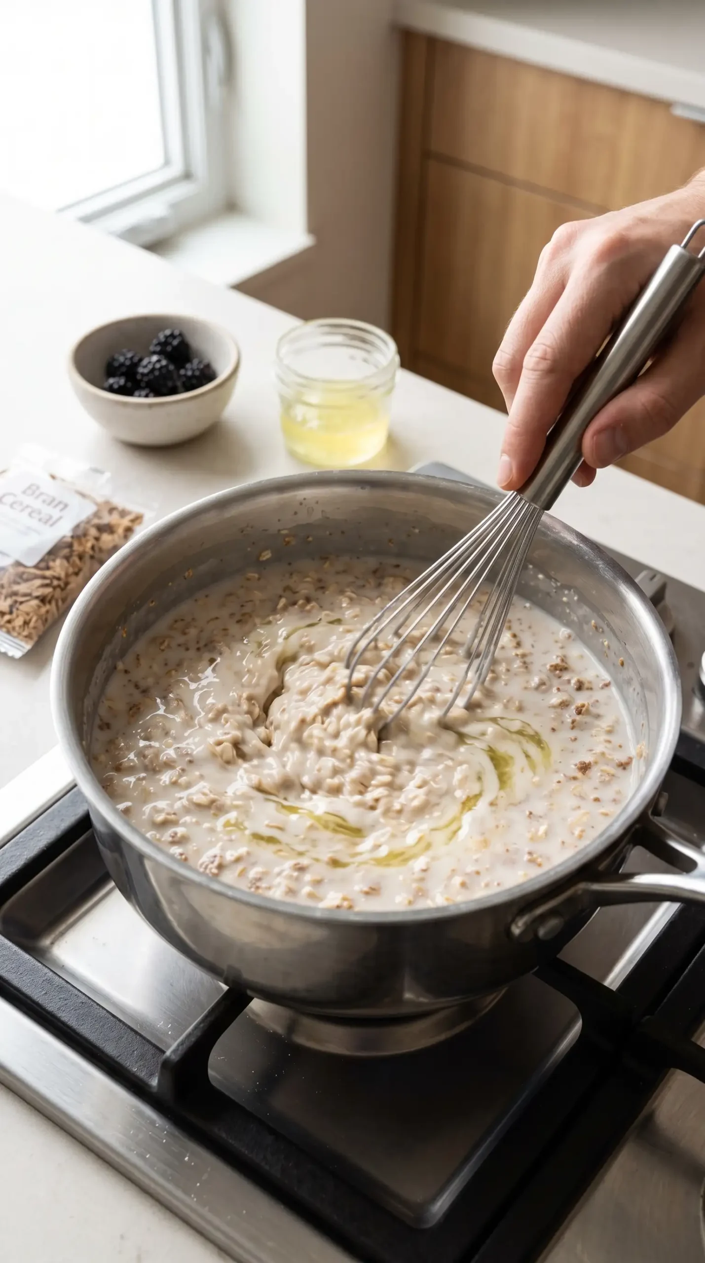 Creamy oats cooking in a saucepan as egg whites are stirred into the mixture