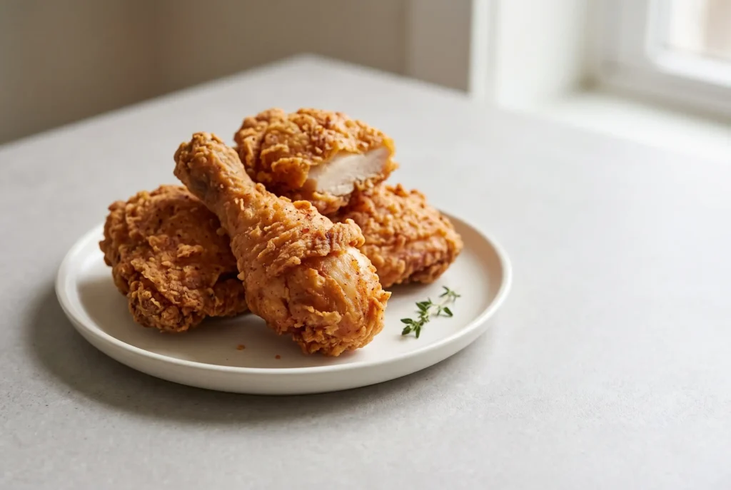 Copycat KFC chicken with a crisp golden coating served on an off-white plate