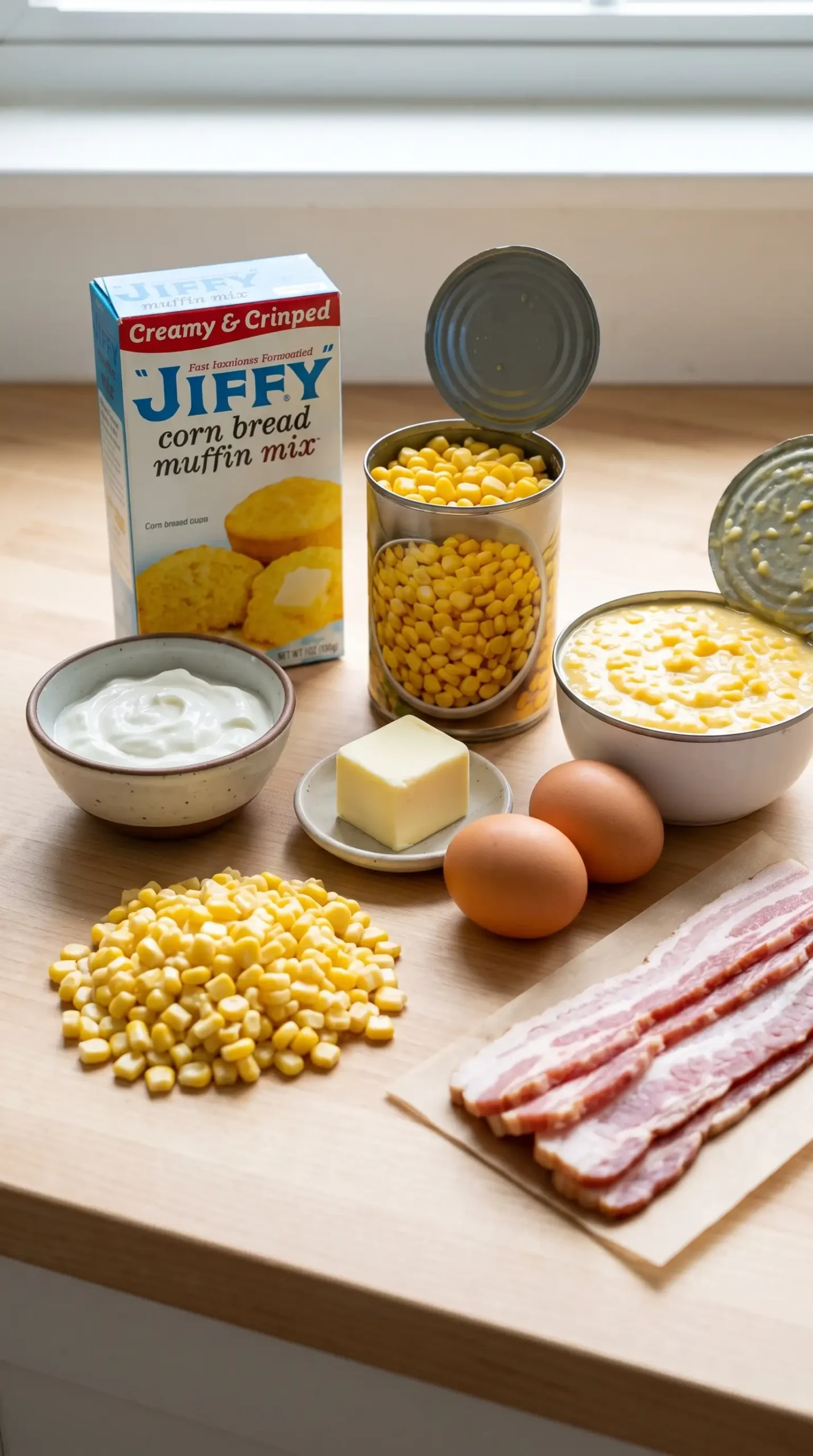 Cornbread mix, corn, creamed corn, sour cream, butter, and eggs for baked corn casserole