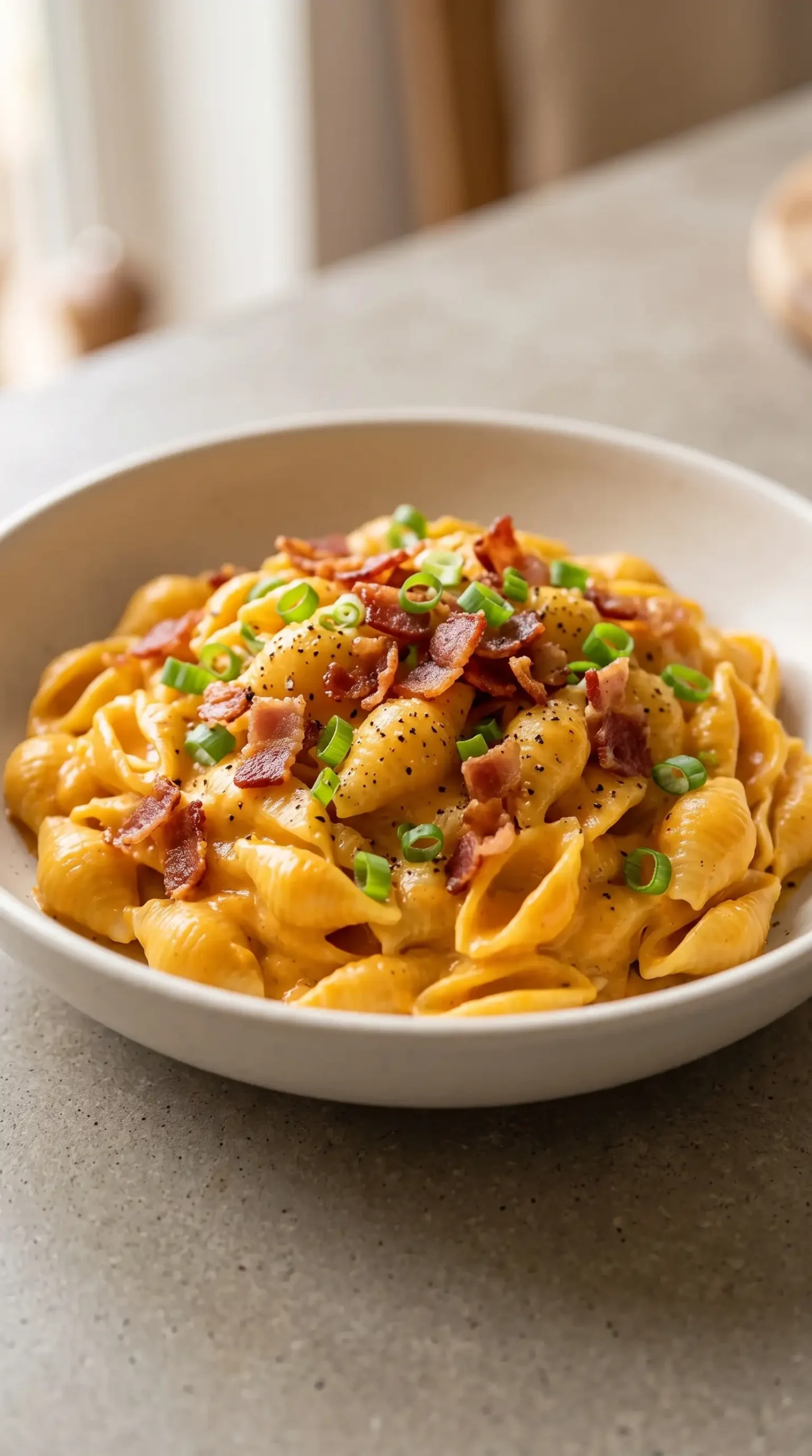 Finished shell pasta coated in creamy pumpkin sauce with bacon and green onions