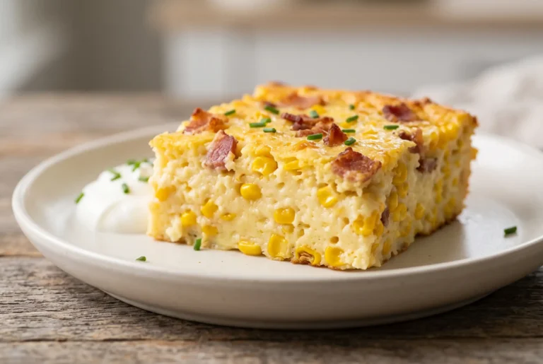 Creamy baked corn casserole with bacon on a ceramic plate showing golden top and tender corn texture