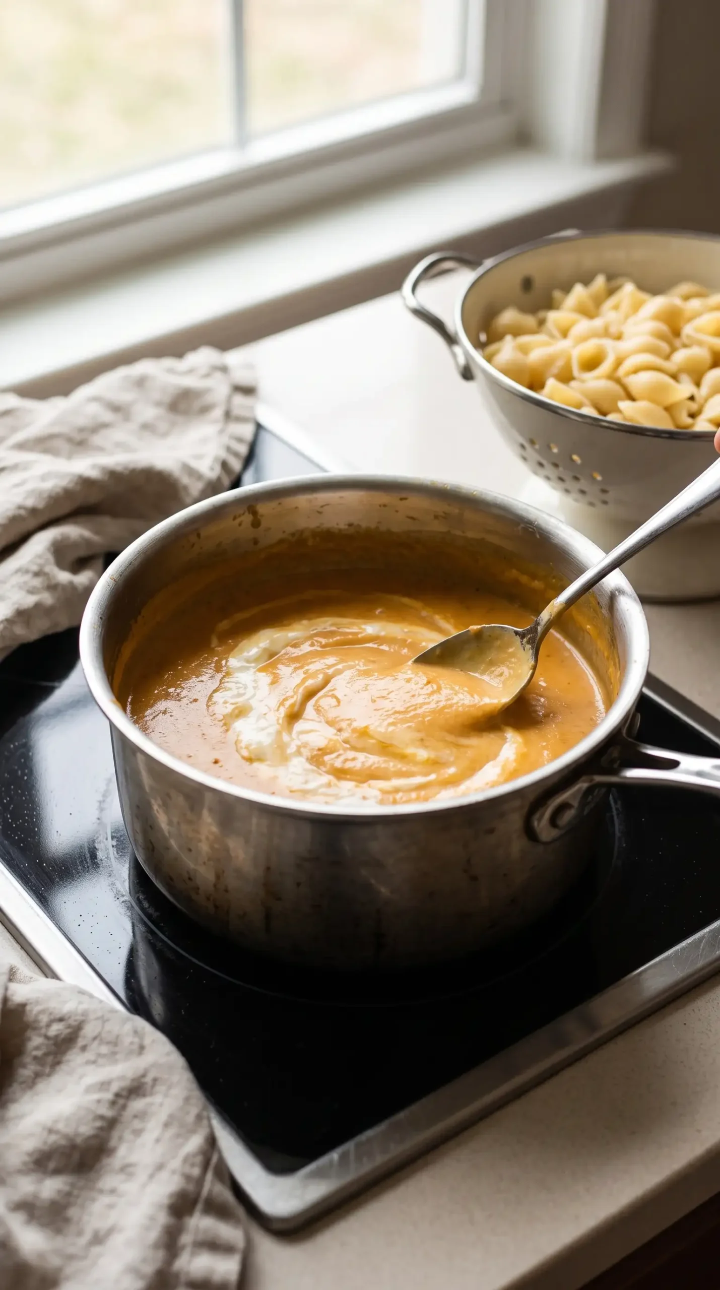 Creamy pumpkin sauce being stirred in a saucepan for bacon pumpkin pasta