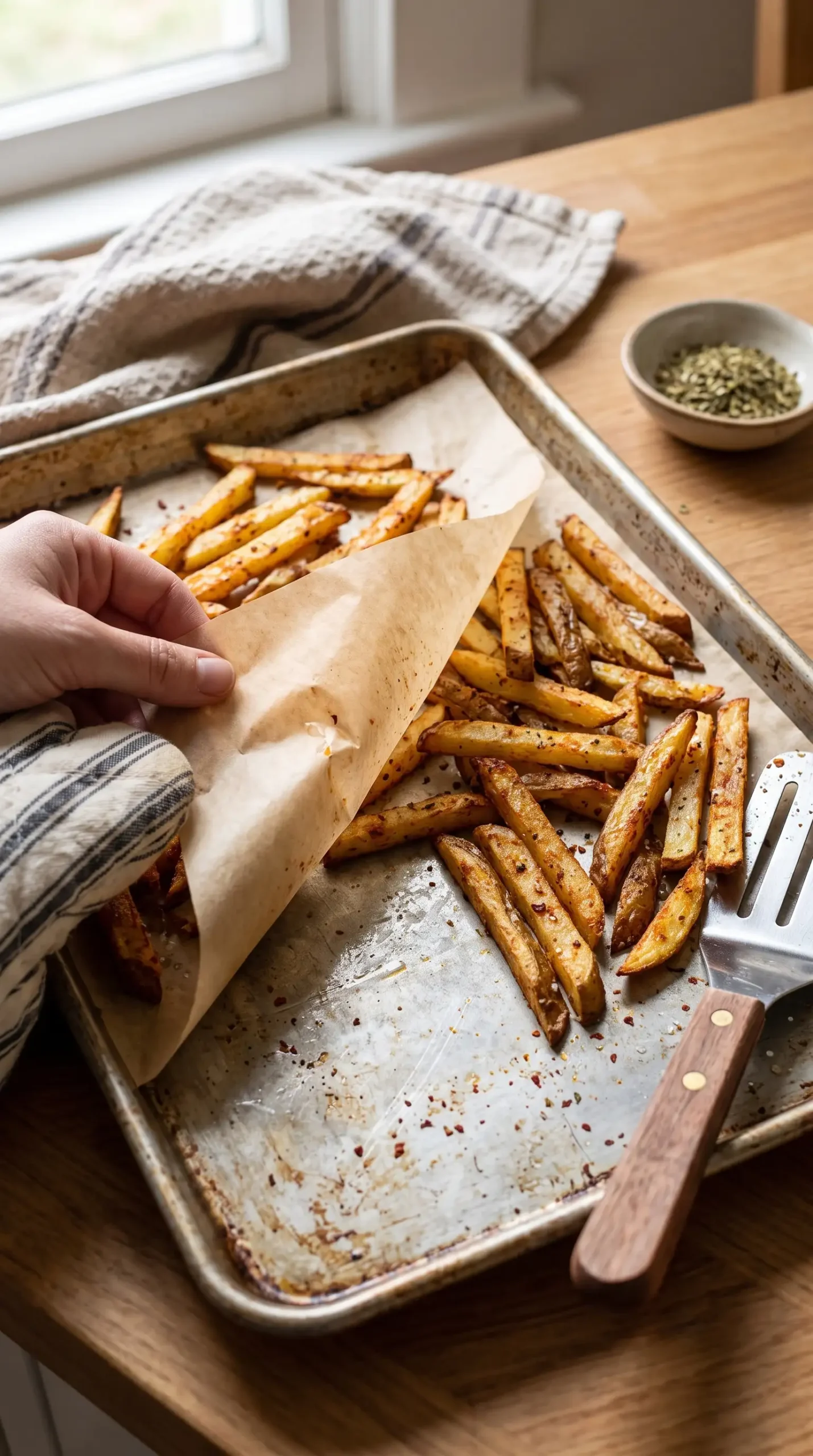 Seasoned potato fries baking on a tray during the crisping stage