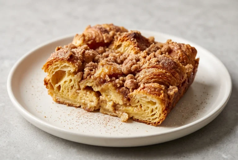 Croissant cinnamon French toast with cinnamon crumb topping on a ceramic plate