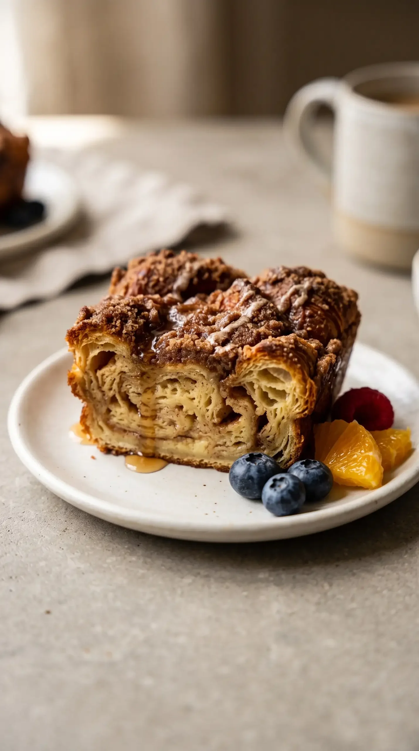 Serving of croissant cinnamon French toast with crumb topping, maple syrup, and berries
