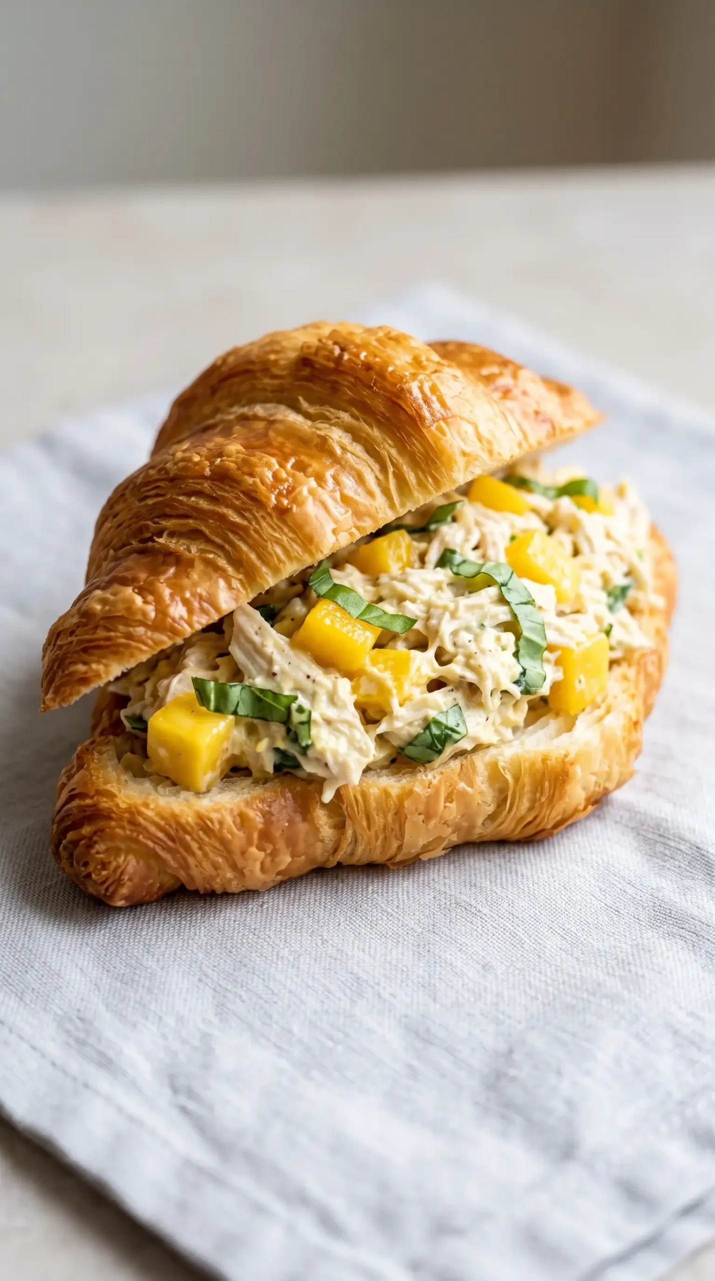 Croissant filled with creamy chicken salad and visible mango pieces