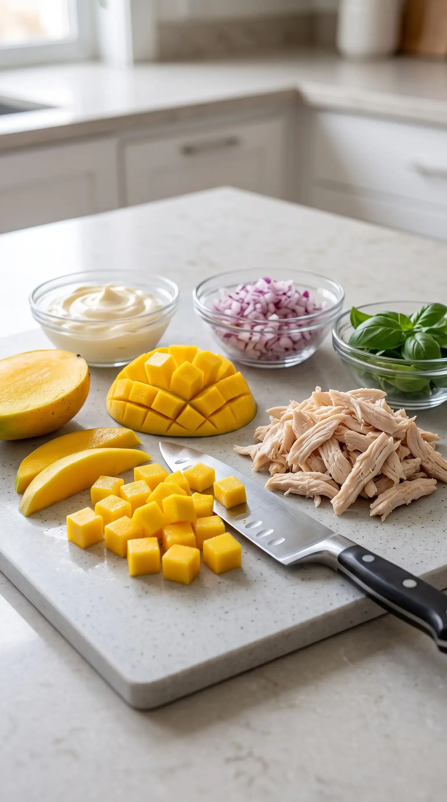 Diced mango and shredded chicken prepared for mango chicken salad sandwich filling
