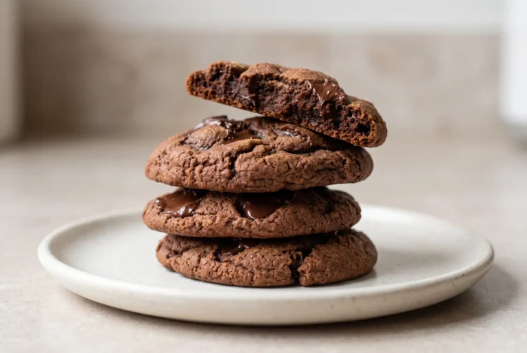 Double chocolate chip cookies with malted milk powder showing soft centers and chocolate chunks