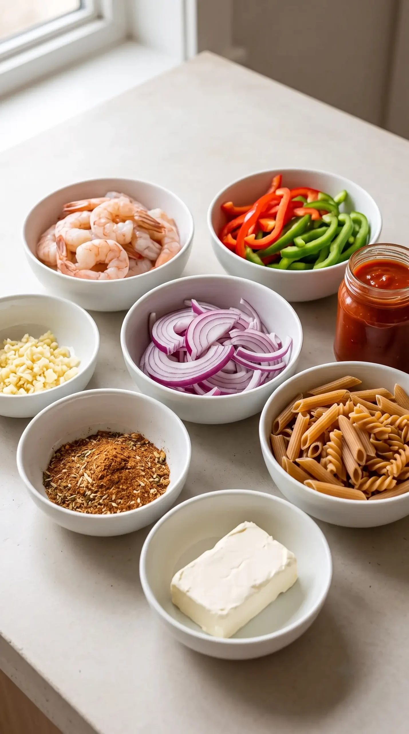 Shrimp, peppers, onions, pasta, enchilada sauce, and cream cheese prepared for fajita shrimp pasta