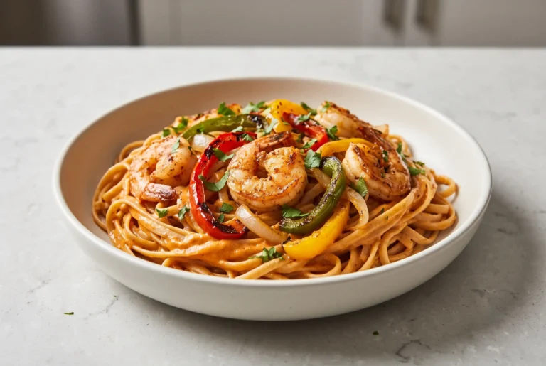 Fajita shrimp pasta with creamy enchilada sauce, shrimp, peppers, onions, and herbs in a bowl