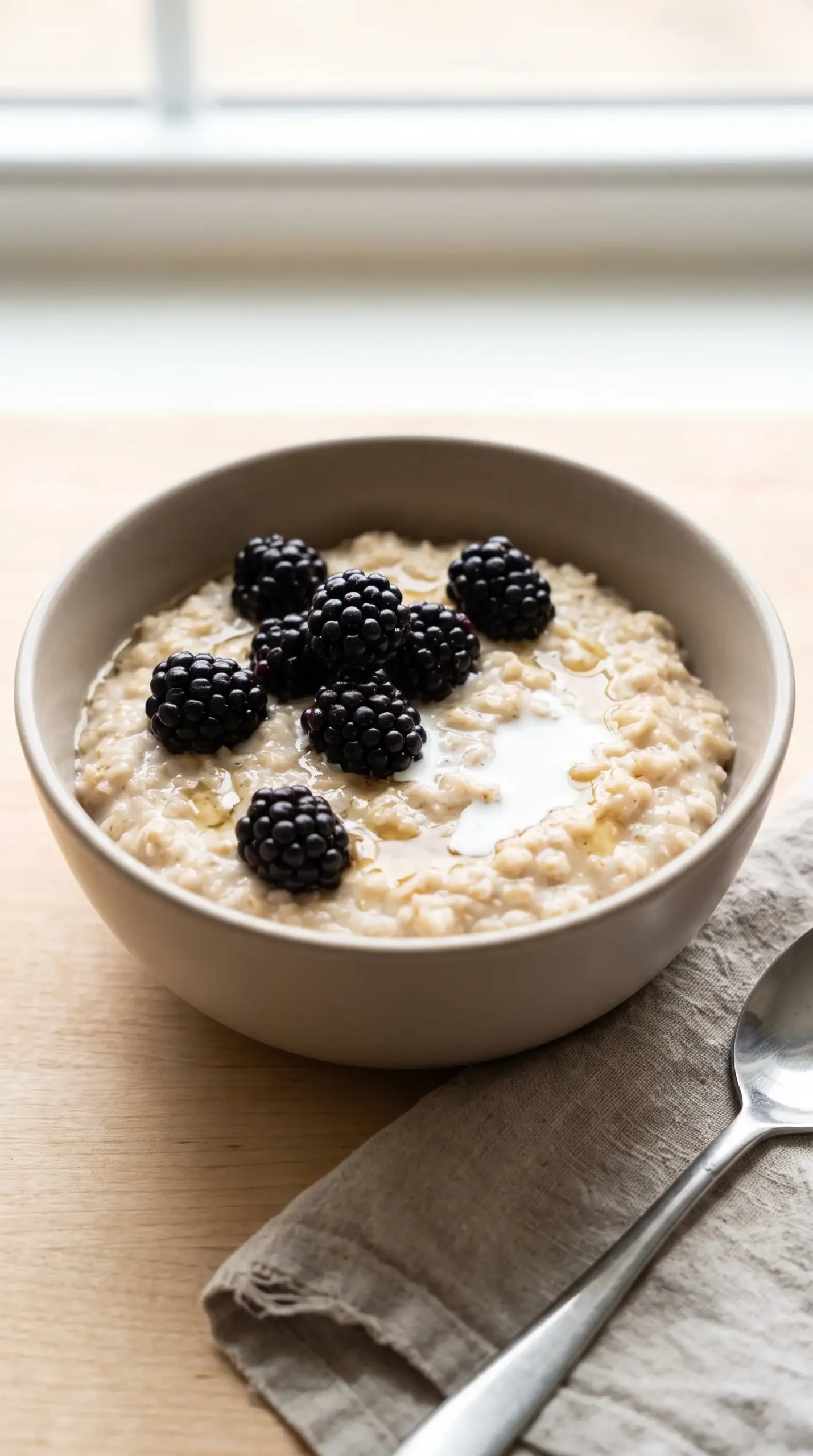 Finished bowl of creamy oats topped with fresh blackberries, honey, and cream