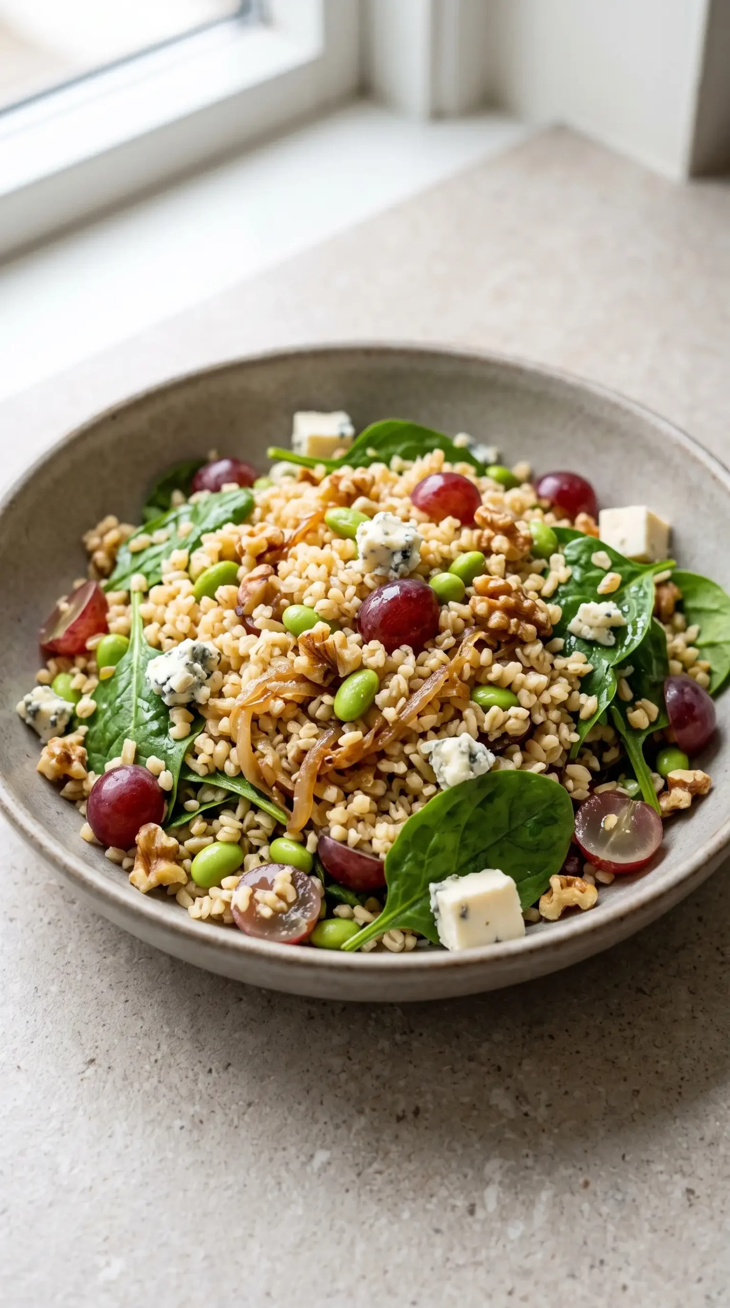 Finished bulgur salad with spinach, grapes, edamame, walnuts and blue cheese in a serving bowl