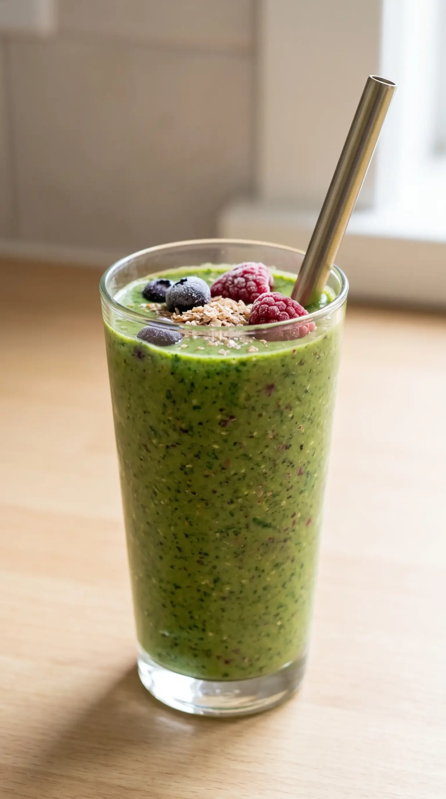 Finished green smoothie with berries and bran cereal ready for breakfast