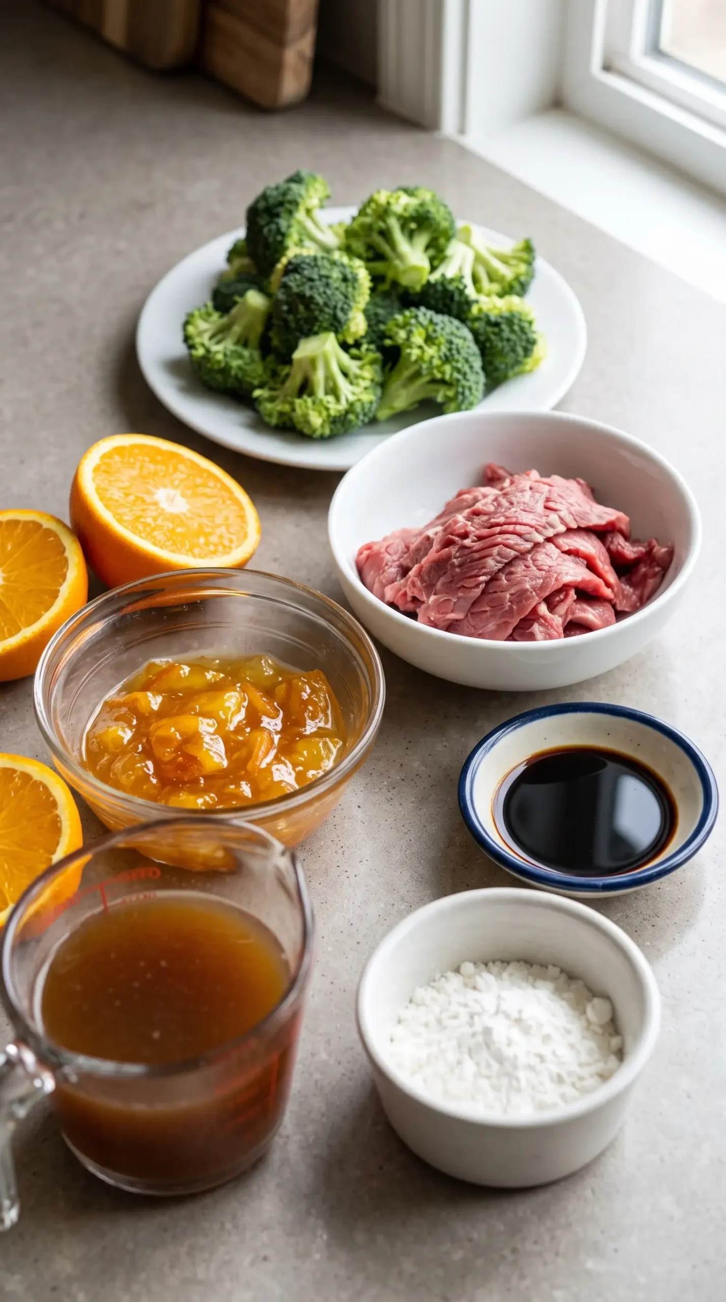 Flank steak slices, broccoli florets, orange marmalade, and sauce ingredients for stir-fry preparation