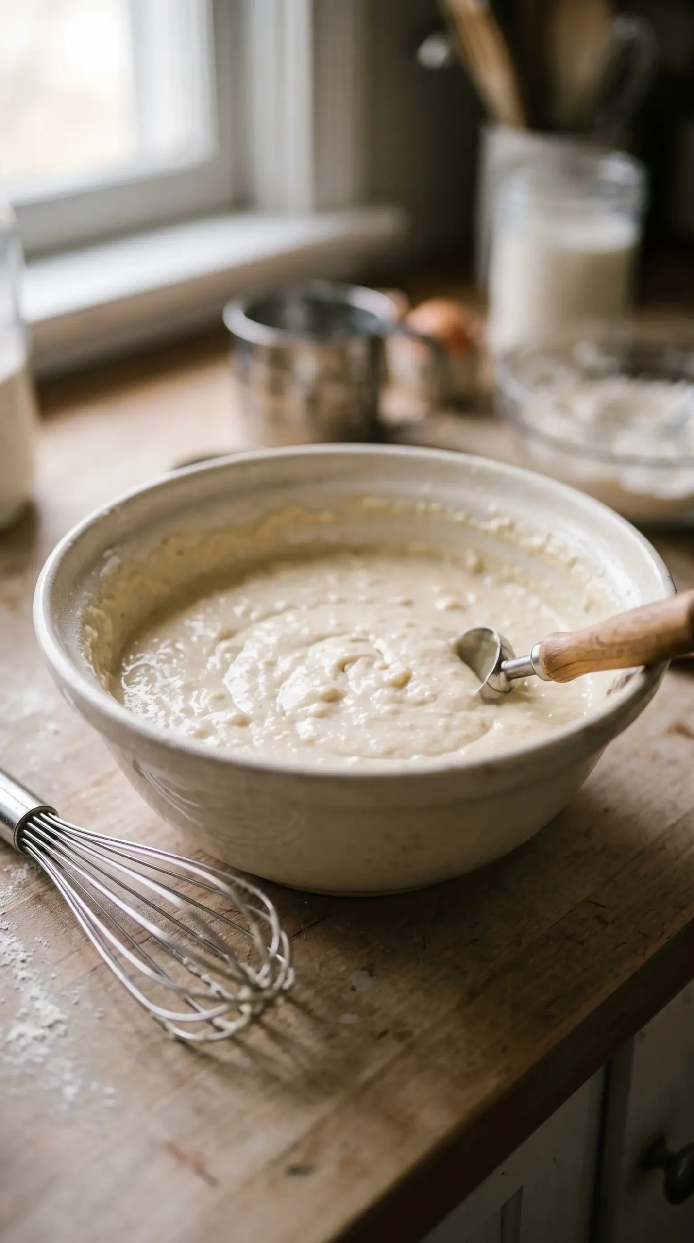 Bowl of fraction pancake batter with whisk ready for mixing and portioning