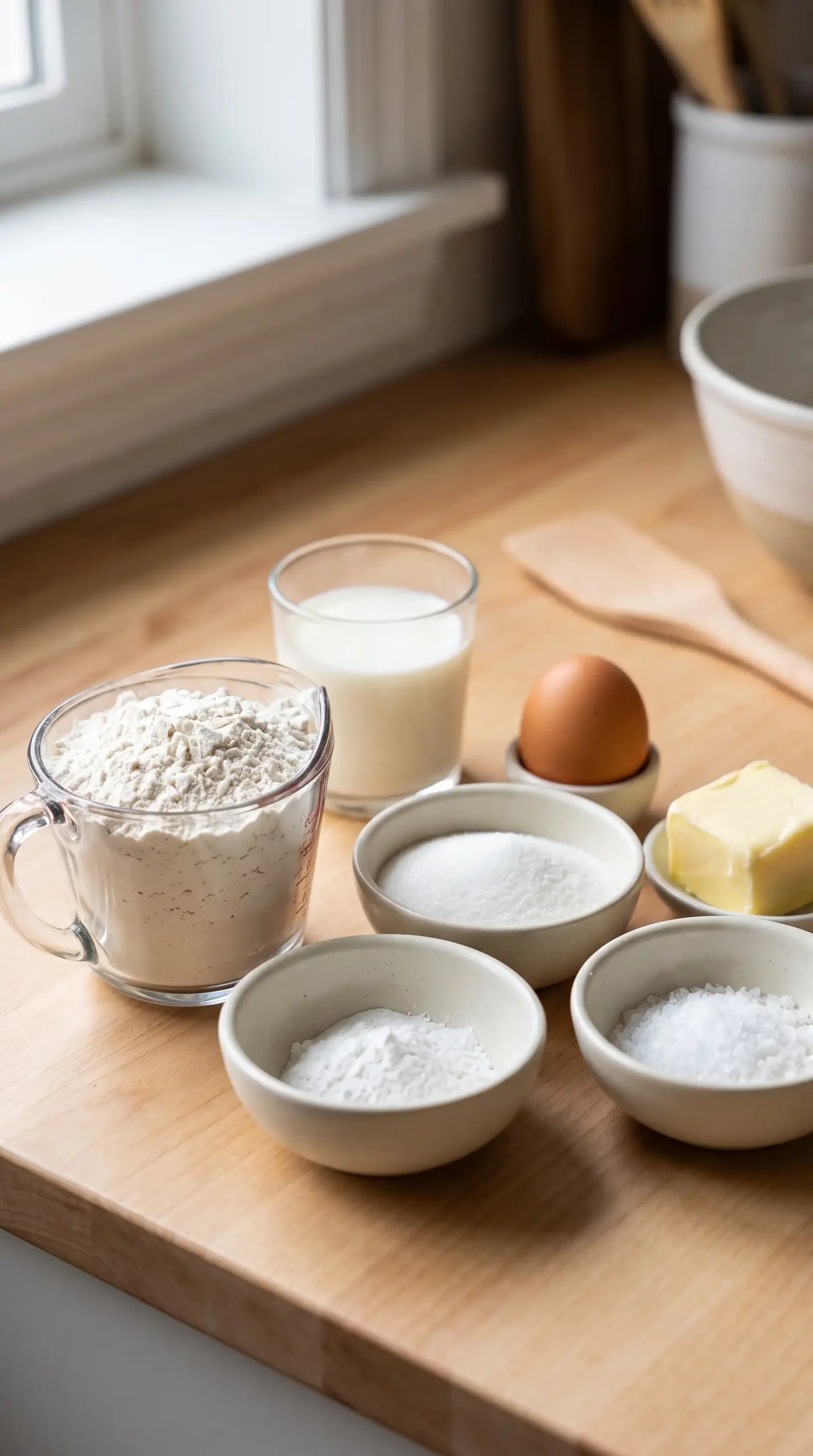 Measured ingredients for fraction pancakes with flour, milk, egg, butter, and baking powder