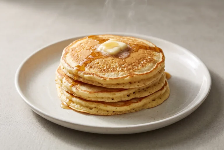 Stack of fraction pancakes with butter and maple syrup on a ceramic plate