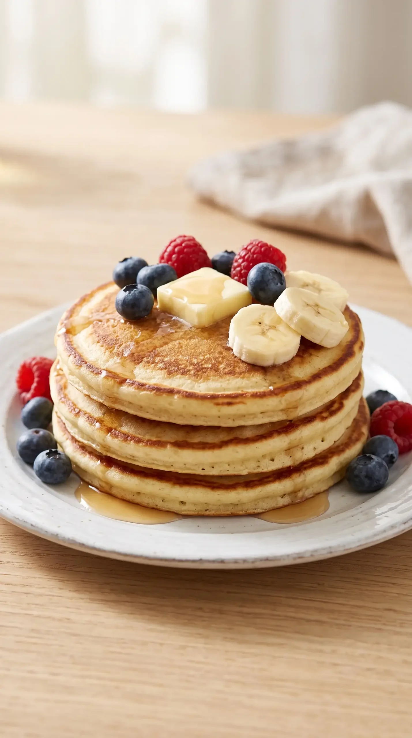 Small stack of fraction pancakes topped with butter, syrup, berries, and banana