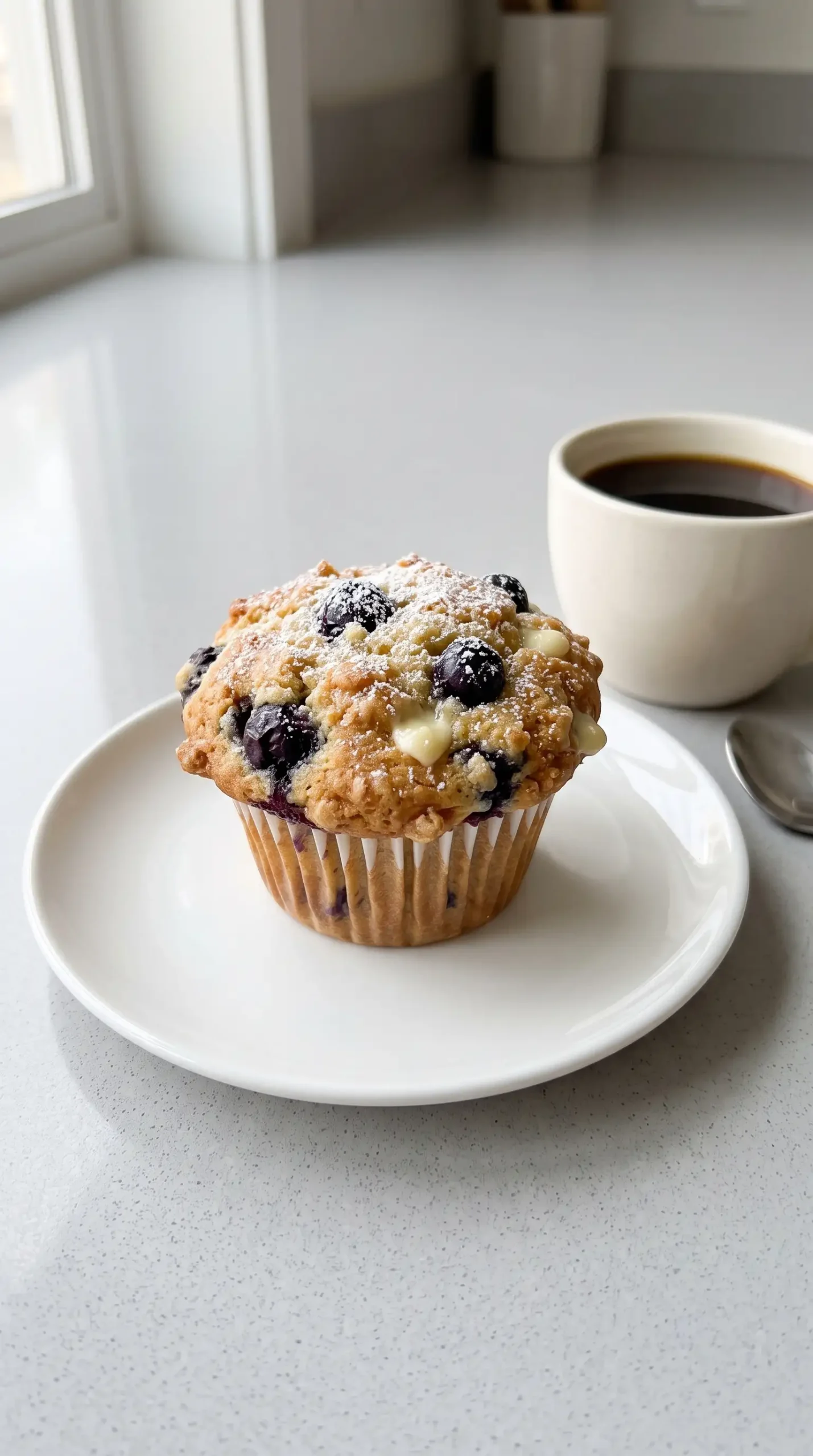 Freshly baked white chocolate blueberry muffin with powdered sugar beside a cup of coffee