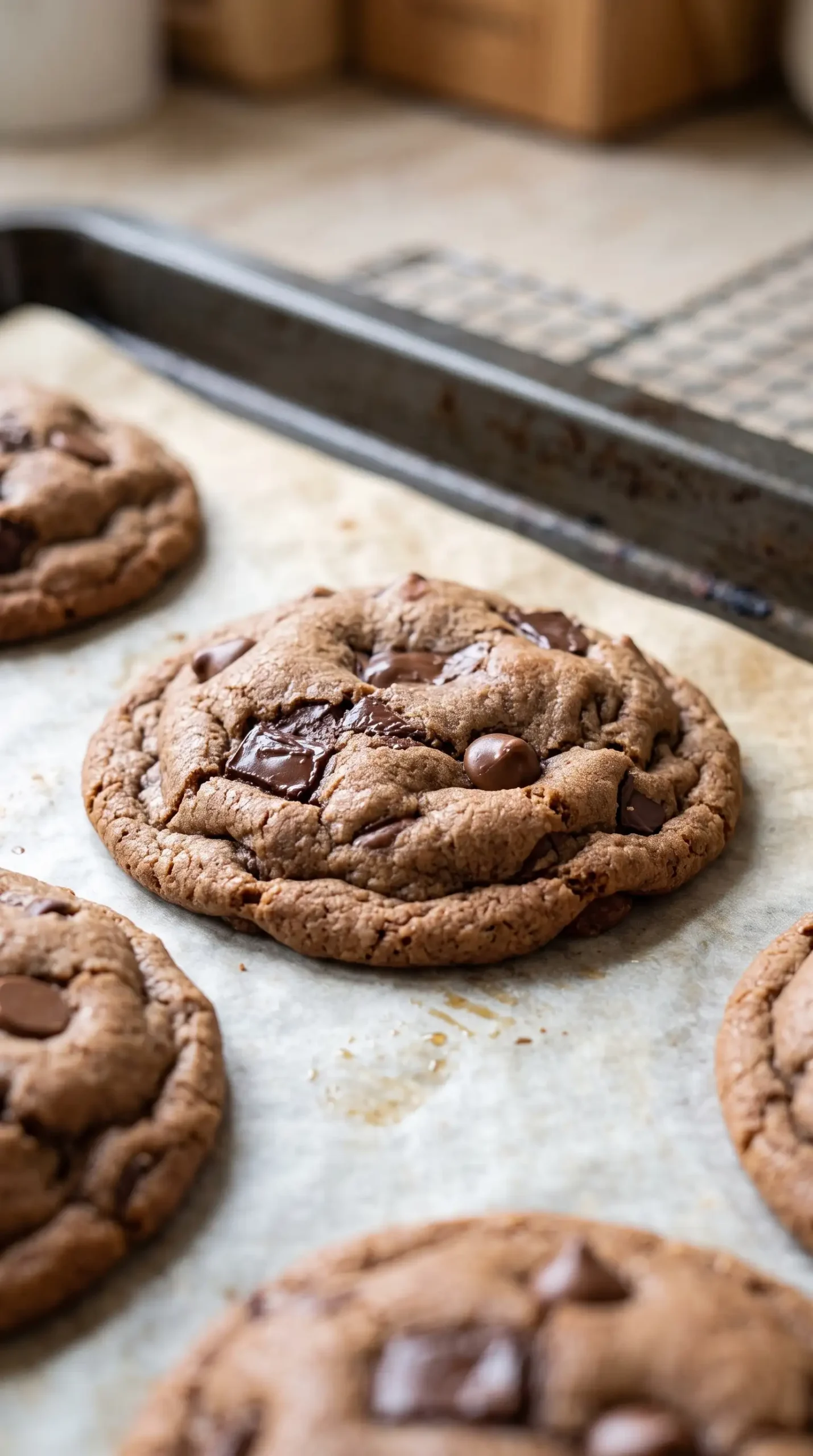 Freshly baked double chocolate chip cookies on a baking sheet with soft centers