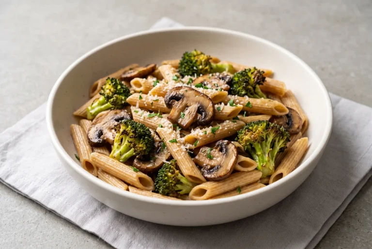 Garlic butter pasta with roasted broccoli and mushrooms served in a ceramic bowl
