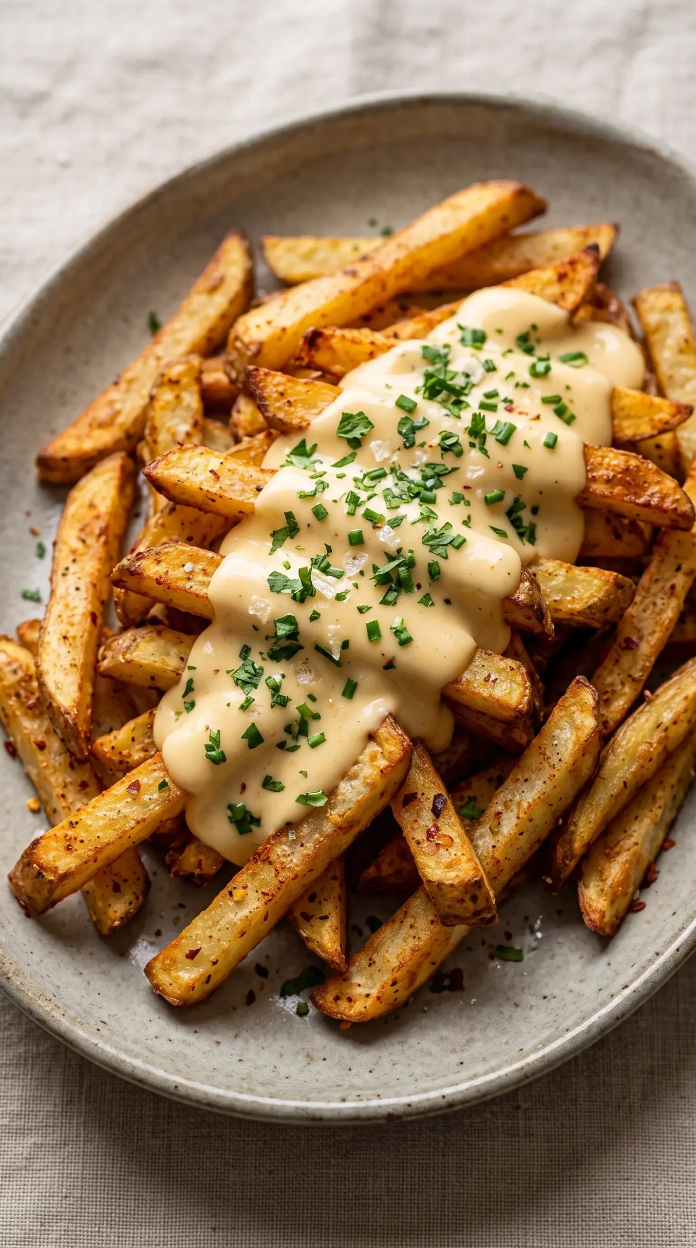 Finished baked spicy fries with garlic cheese sauce and fresh herb topping