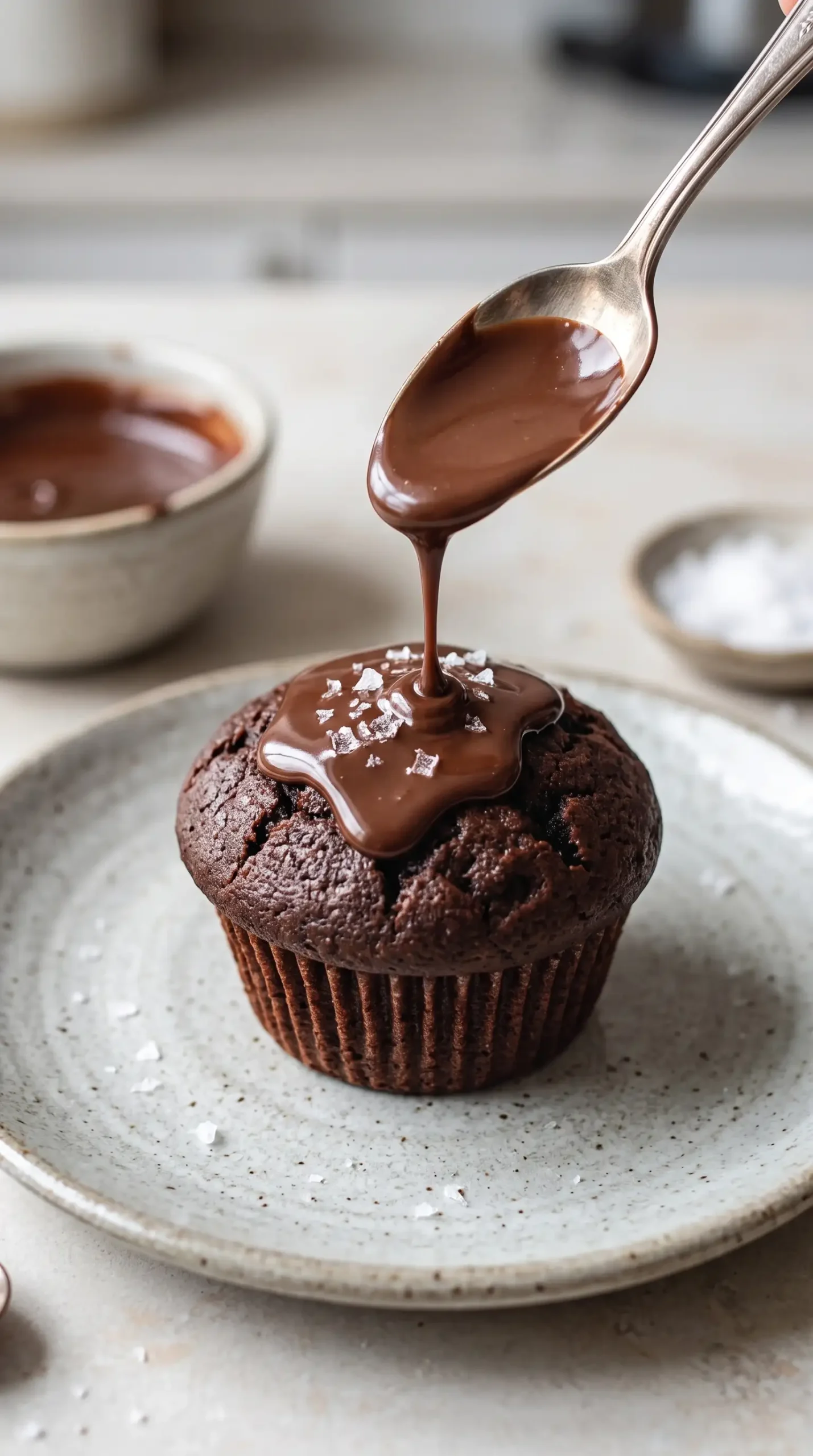 Chocolate glaze drizzled over a muffin with a sprinkle of sea salt