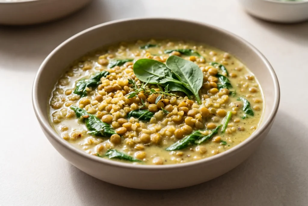 Bowl of green curry lentils with creamy coconut milk stew, spinach, and herbs