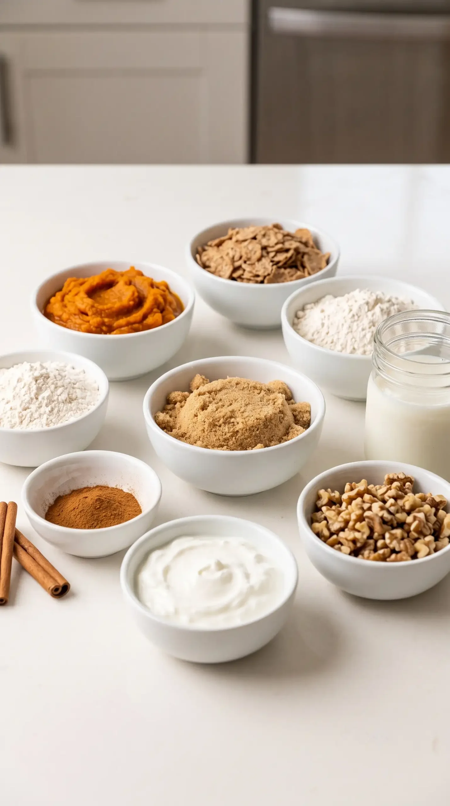Ingredients for healthy cinnamon roll pancakes with pumpkin, bran cereal, cinnamon, and Greek yogurt