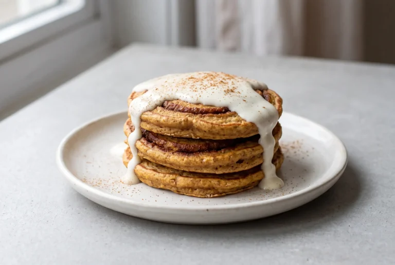 Healthy cinnamon roll pancakes topped with Greek yogurt drizzle and cinnamon swirl details