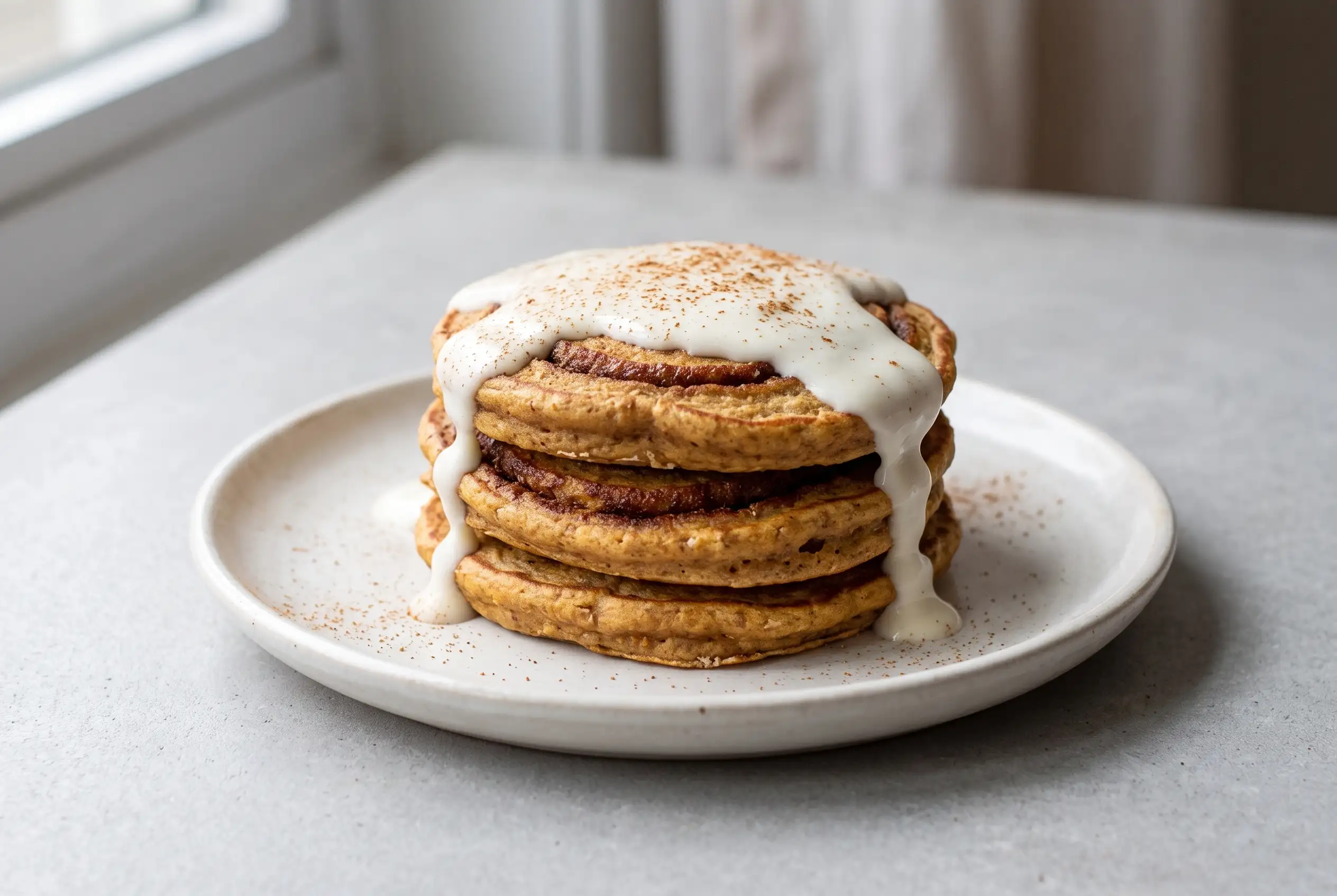 Healthy Cinnamon Roll Pancakes Healthy cinnamon roll pancakes topped with Greek yogurt drizzle and cinnamon swirl details