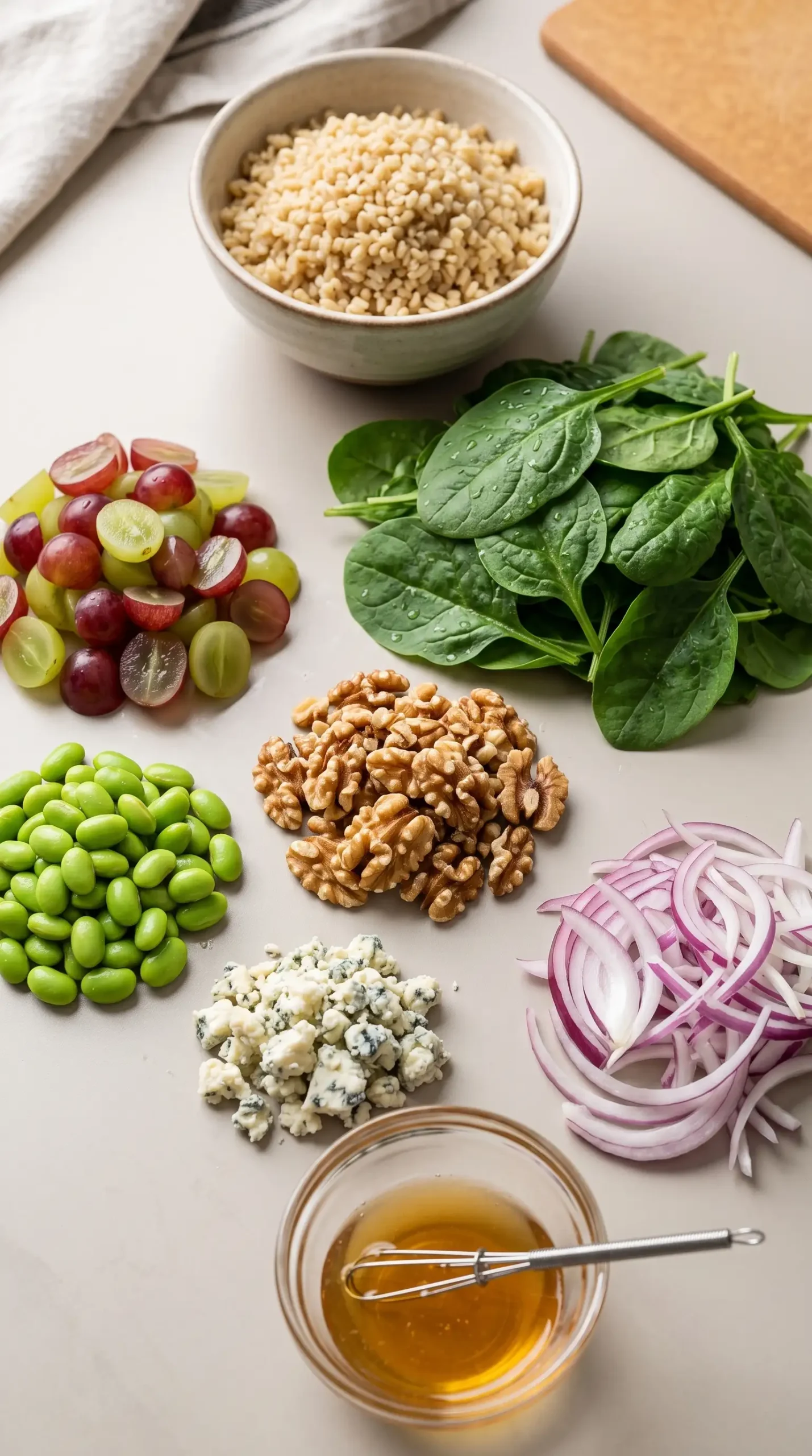 Ingredients for honey walnut power salad including bulgur, spinach, grapes, walnuts and dressing