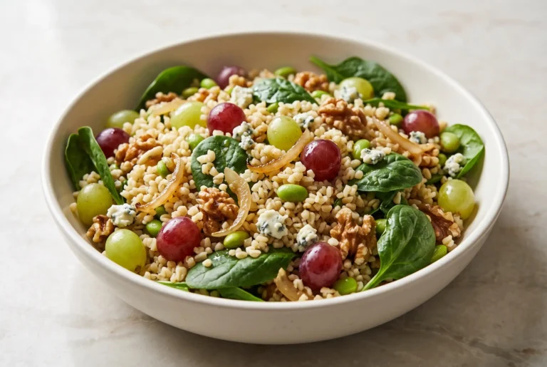 Honey walnut power salad with bulgur, grapes, spinach, walnuts, edamame and blue cheese in a bowl
