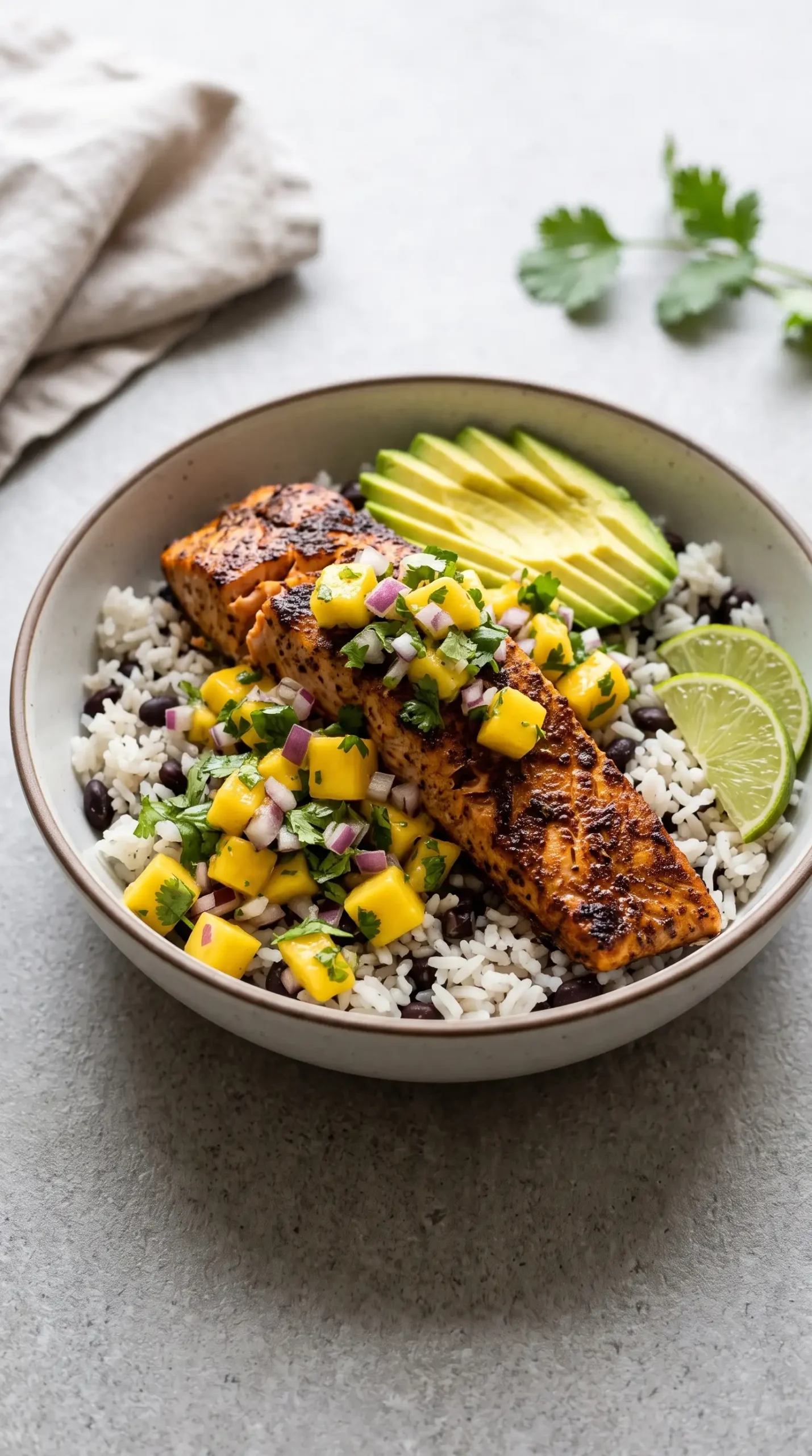 Finished jerk salmon bowl topped with mango salsa, rice, beans, avocado, and lime