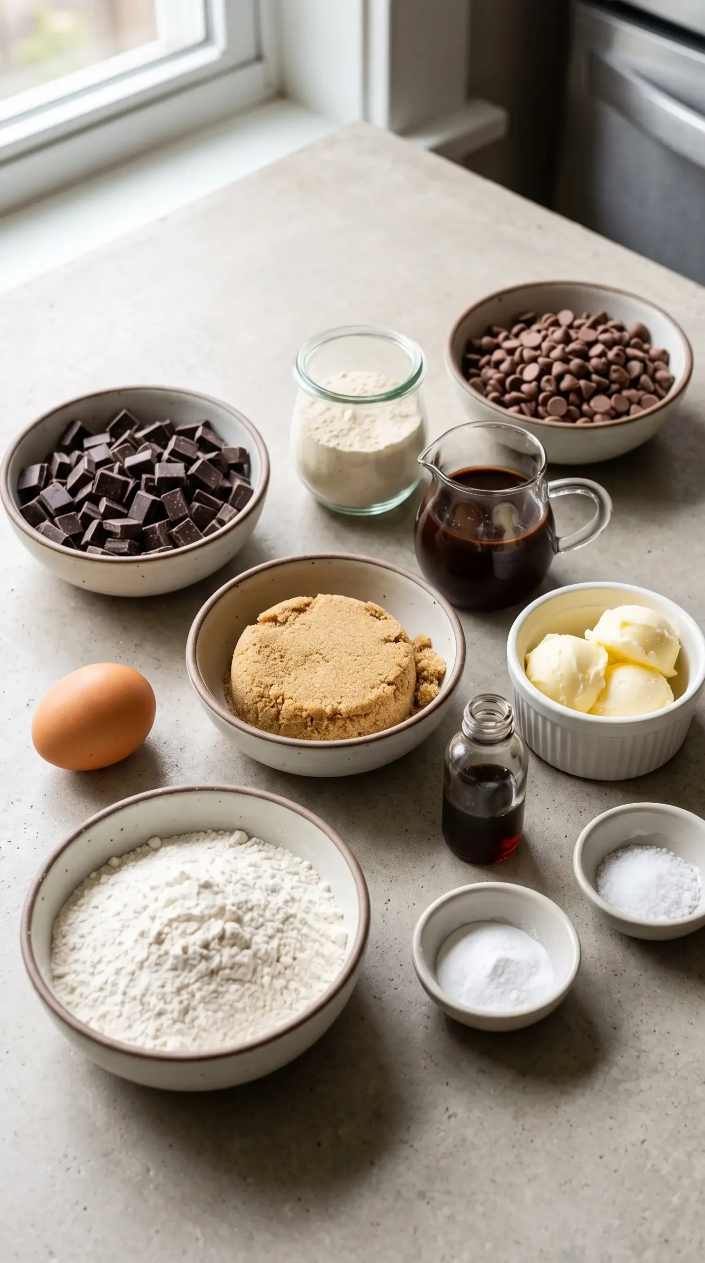 Ingredients for malted chocolate cookies including chocolate chips, flour, sugar, and malted milk powder