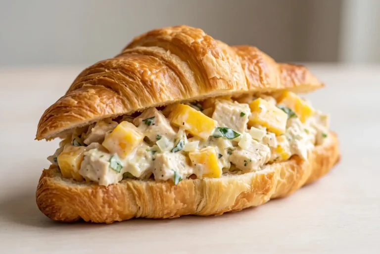 Mango chicken salad sandwich with sweet mango filling in a flaky croissant