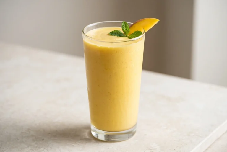 Tall glass of creamy mango lassi with a smooth golden mango yogurt texture and simple garnish