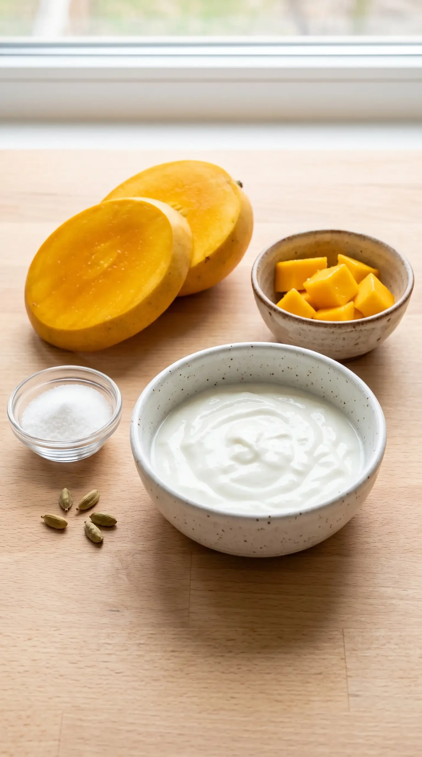 Ripe mango, yogurt, sweetener, and mango pieces prepared for making mango lassi