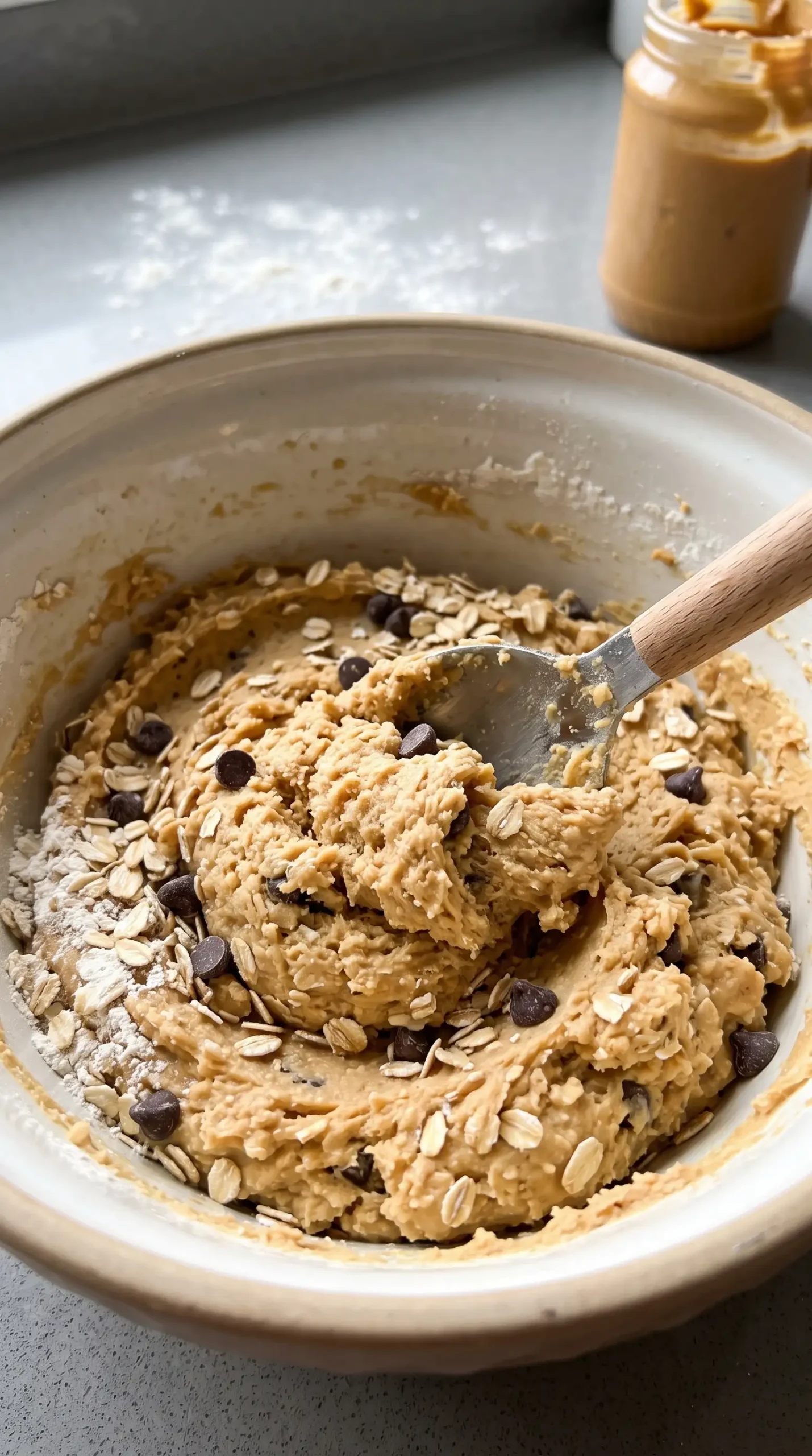 Mixing bowl with creamy chickpea peanut butter cookie dough and chocolate chips being combined