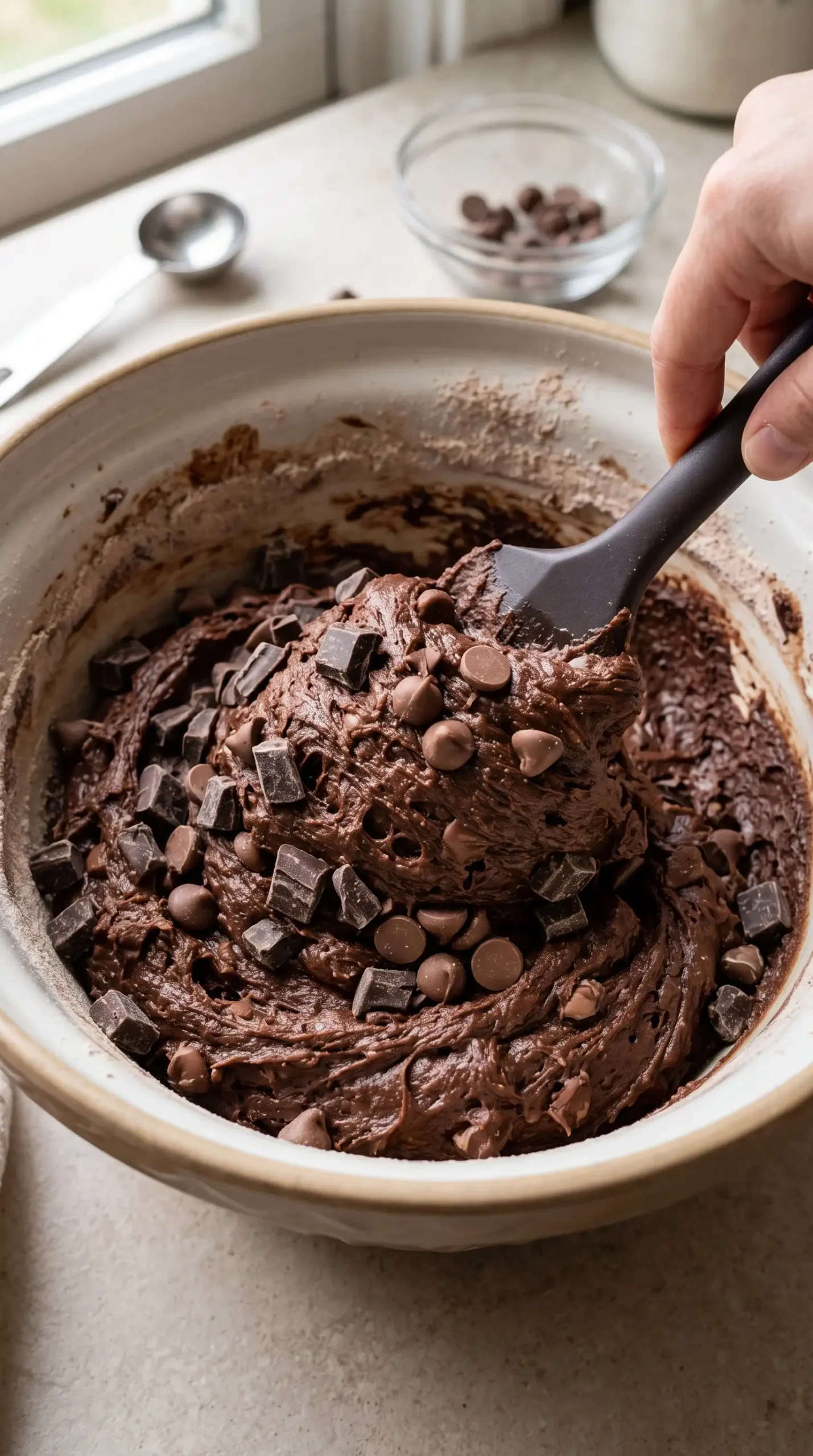 Chocolate cookie dough being mixed with chocolate chunks and milk chocolate chips