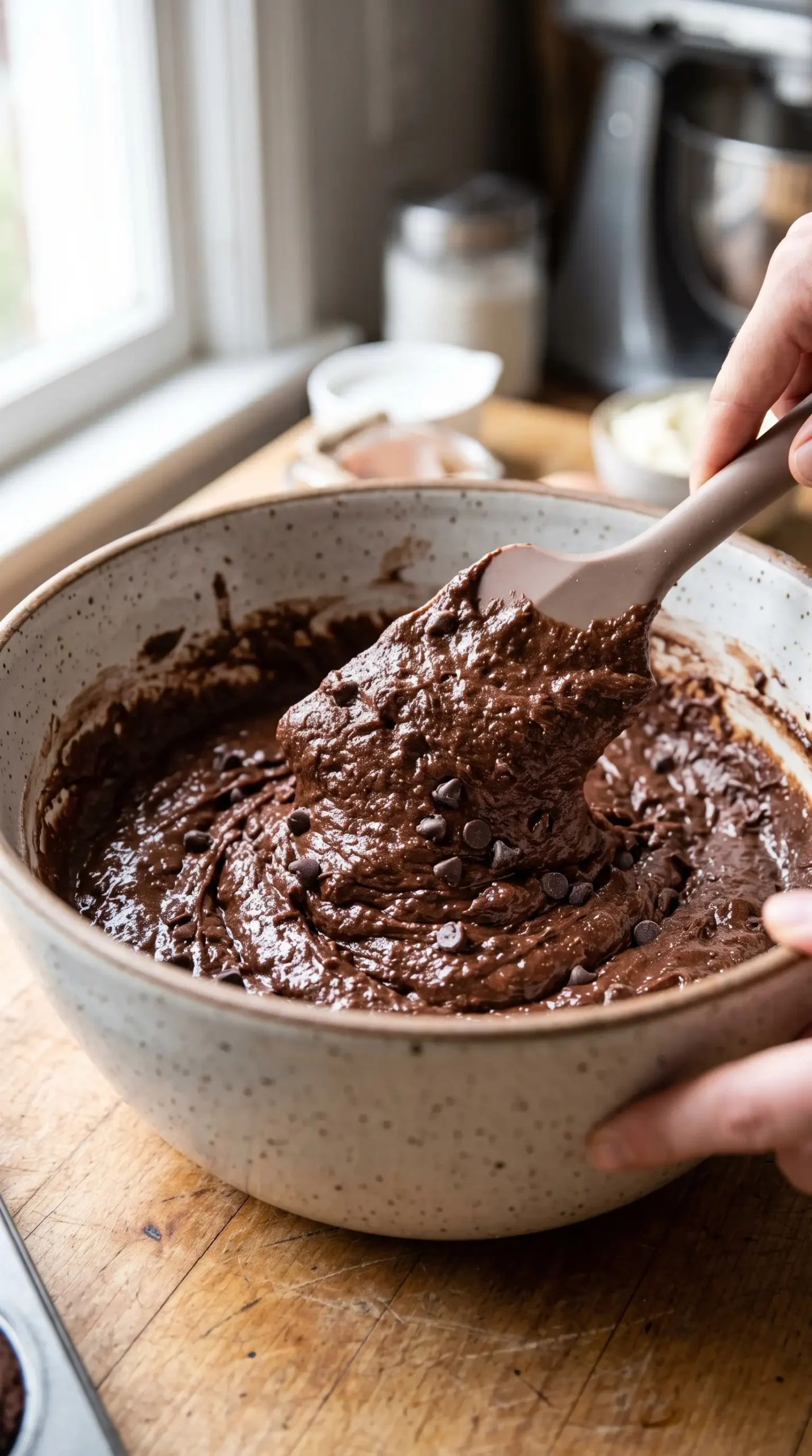 Chocolate muffin batter with chocolate chips being mixed in a bowl