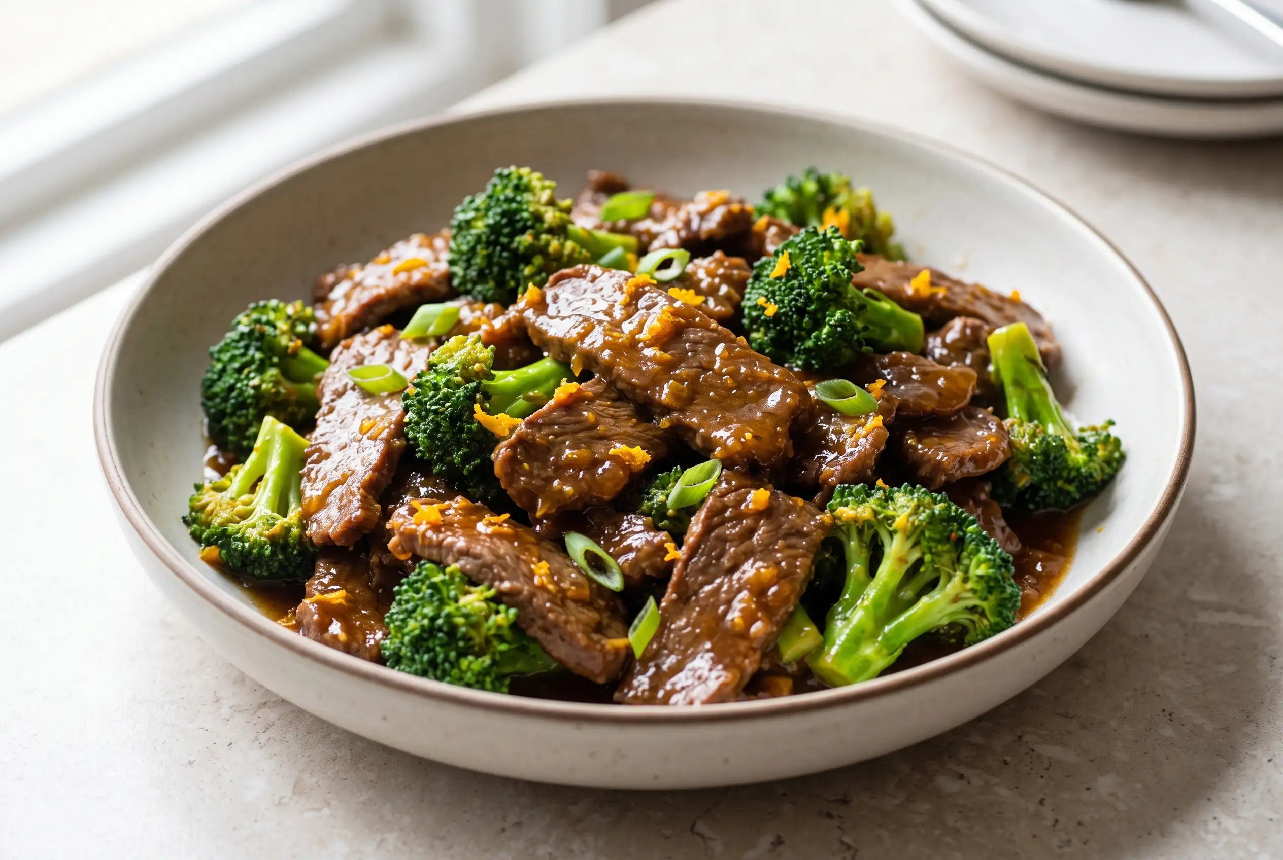 Orange Beef and Broccoli Stir-Fry Orange beef and broccoli stir-fry with glossy orange sauce, beef slices, and broccoli florets in a bowl