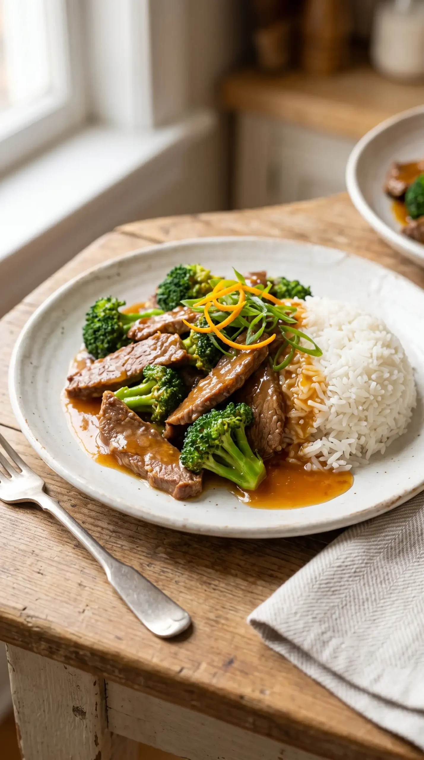 Finished orange beef and broccoli stir-fry with orange sauce, rice, zest, and scallions