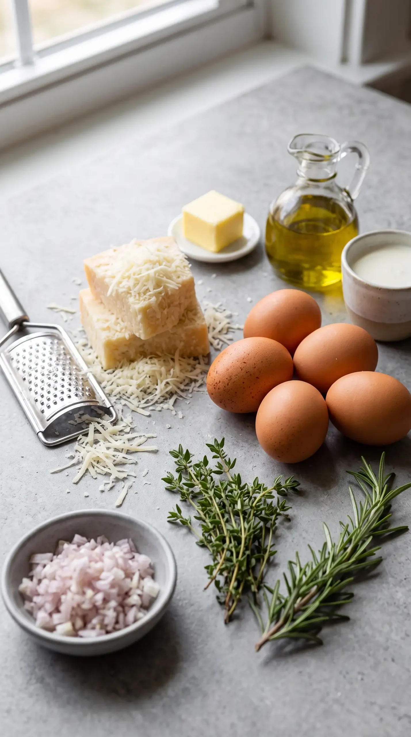 Parmesan, eggs, thyme, rosemary, shallot, and cream prepared for baked eggs
