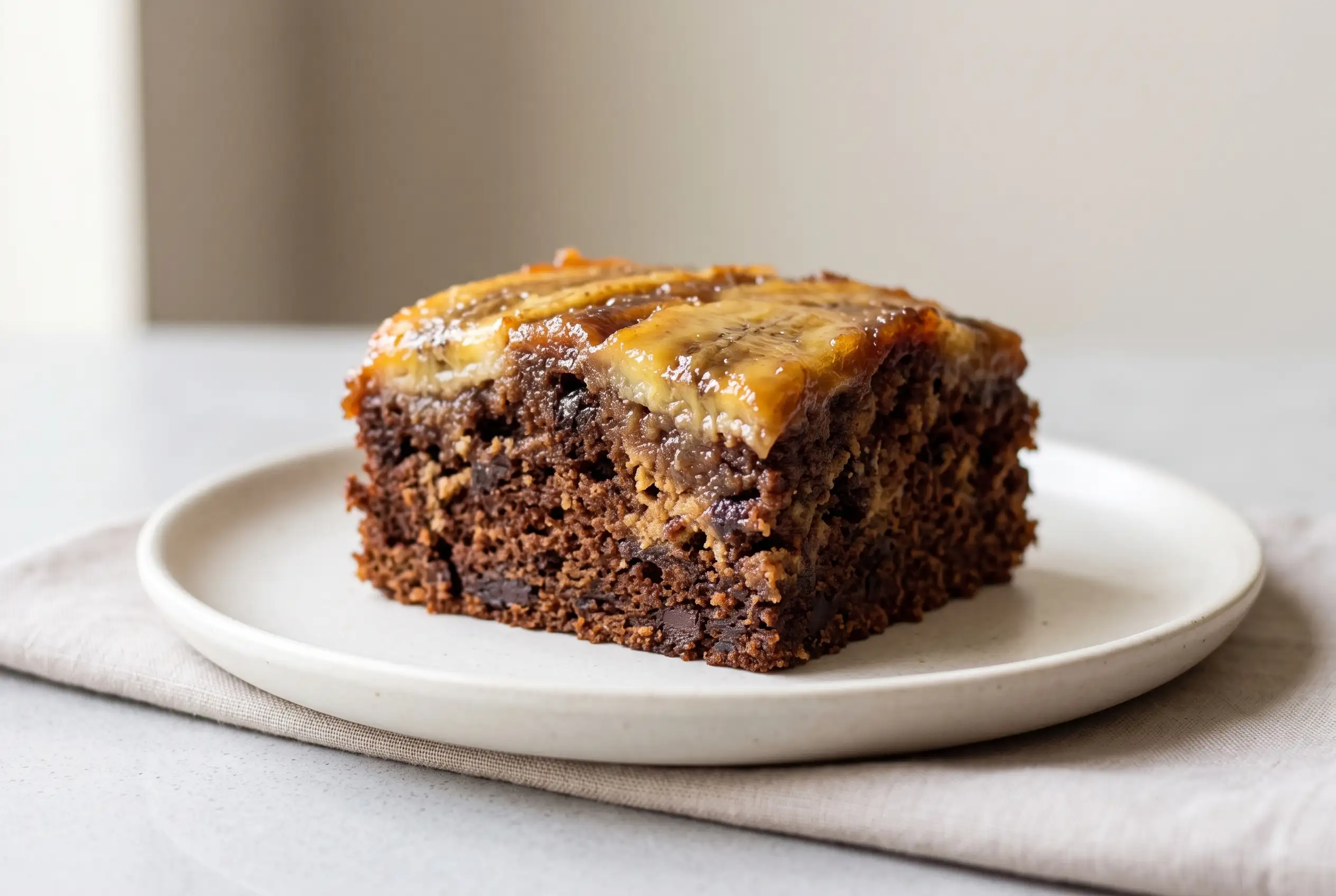 Chocolate peanut butter banana cake slice Slice of chocolate peanut butter banana cake with caramelized banana topping and moist chocolate crumb