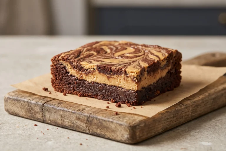 Peanut butter cheesecake brownie square with fudgy chocolate base and creamy swirled topping