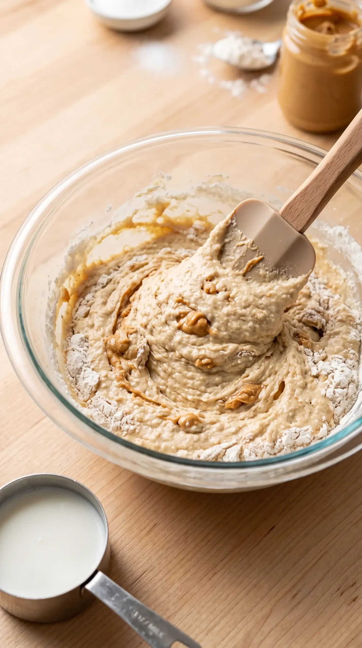 Thick peanut butter muffin batter being folded in a mixing bowl before baking