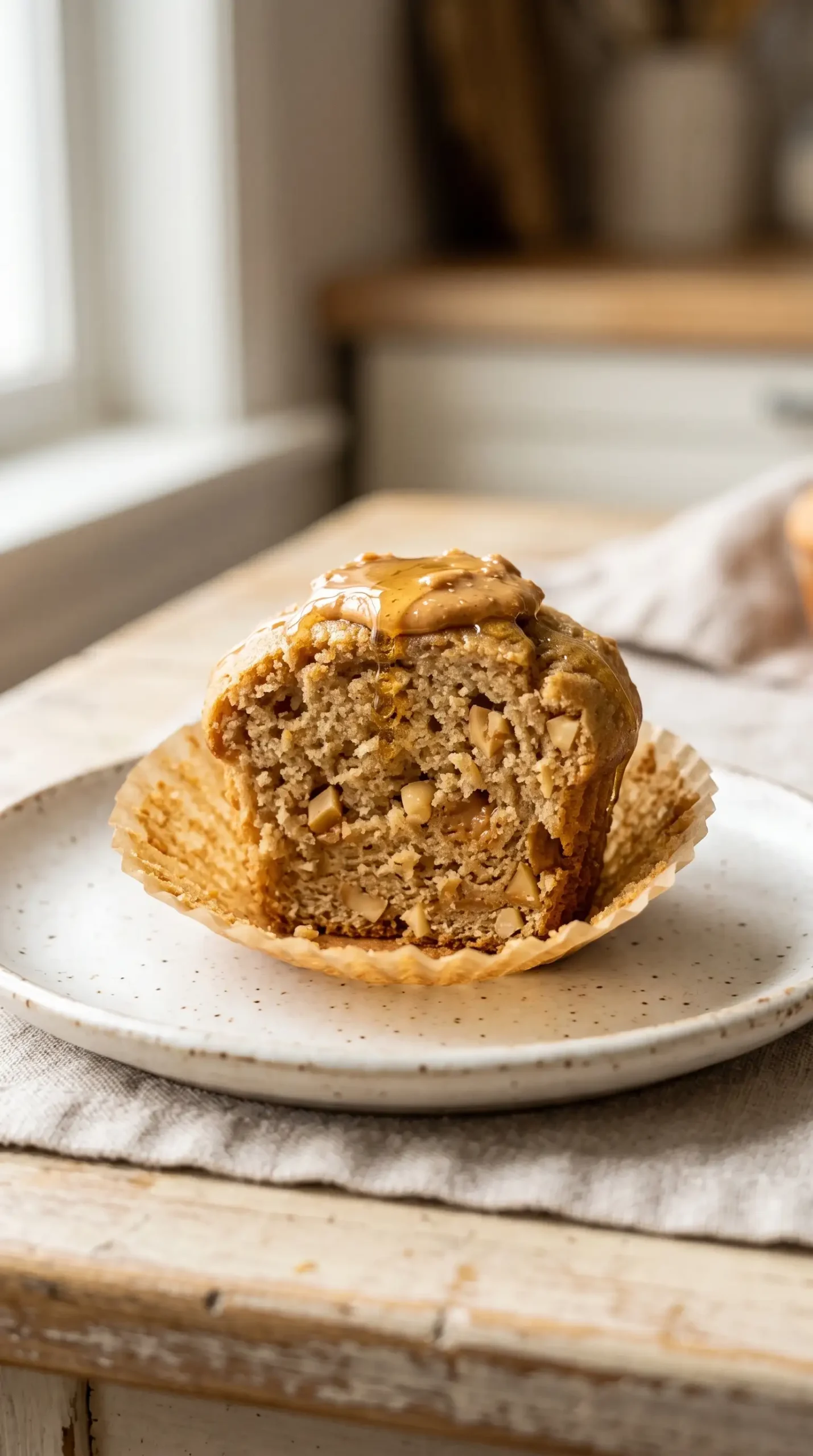 Homemade peanut butter muffin topped with peanut butter and honey on a plate